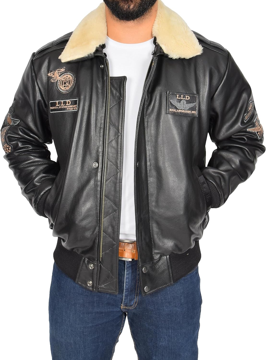 Hommes Pilot Noir Veste en Cuir Véritable Spitfire Aviateur Bombardier