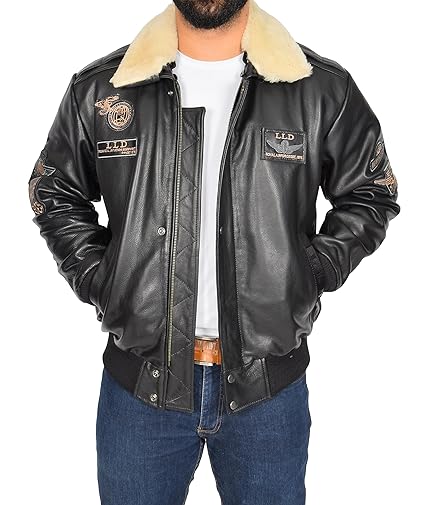 A1 FASHION GOODS Herren Schwarz Leder Pilot Jacke Aviator Bomber Top Gun AIR Force Mantel Spitfire