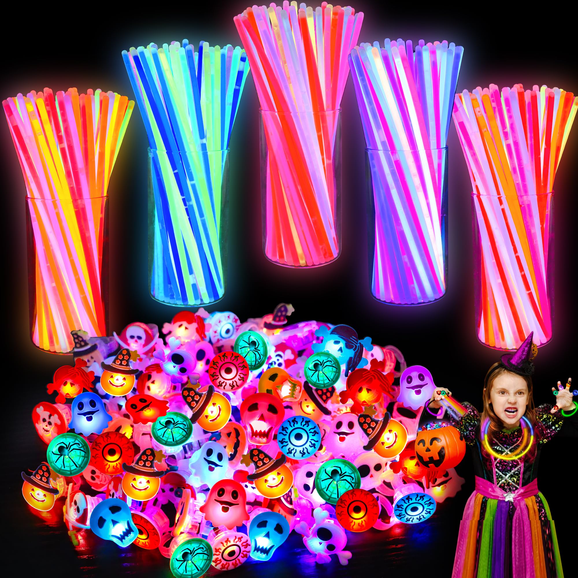 Photo 1 of 100 PCS Halloween Party Favors for Kids, Halloween Party Supplies Glow in The Dark Toys Bulk Light Up LED Rings Glow Sticks Halloween Treats for Goodie Bag Fillers Classroom Prizes Trick or Treat Gift