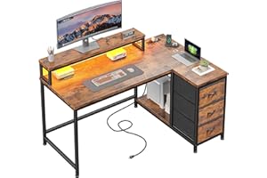 Bepatio L-Shaped Gaming Desk with Drawers, 47 Inch Computer Desk with Storage, Reversible Corner Desk with LED Lights and Pow