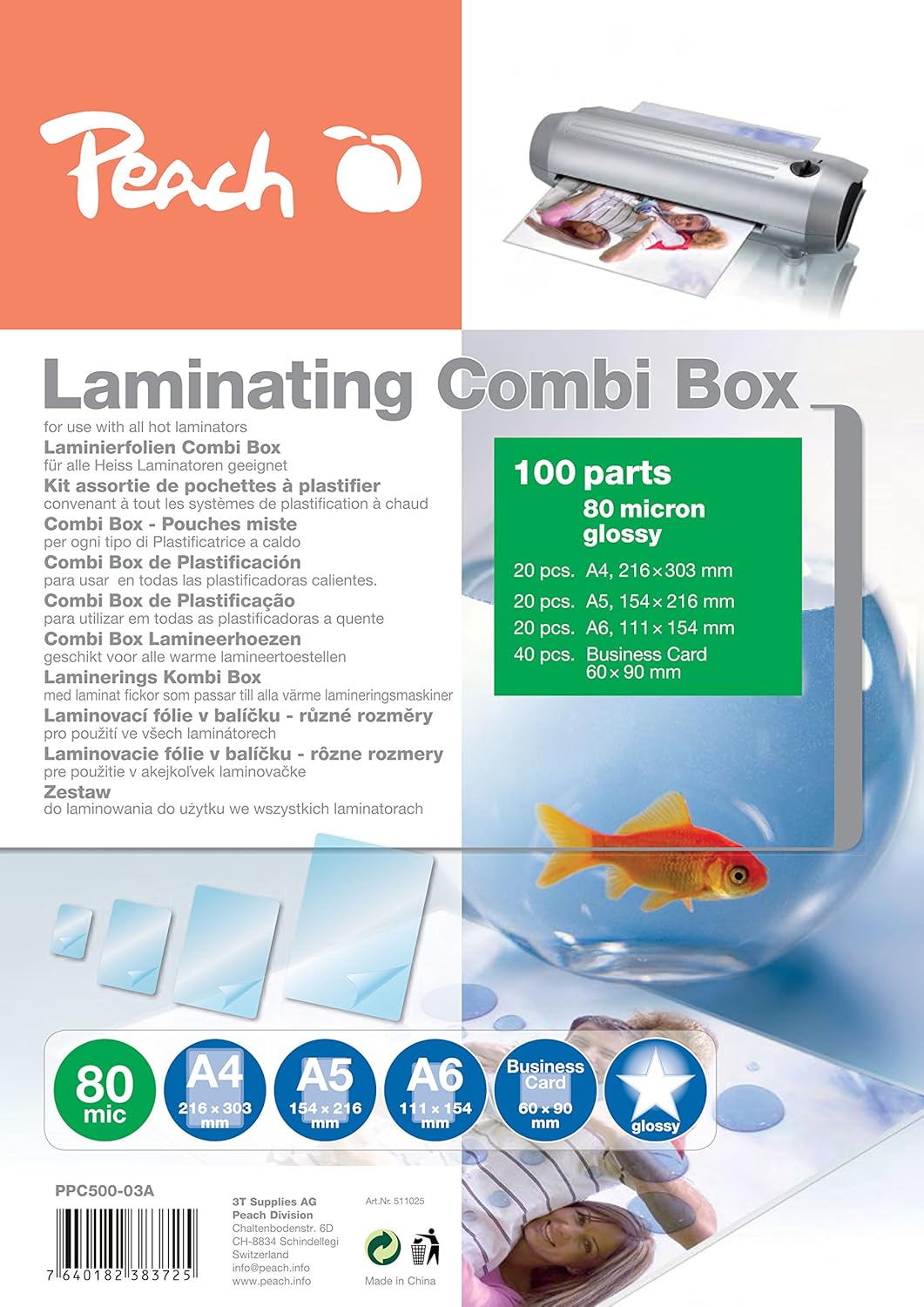 Peach PPC500-03A Laminating Pouches Economy Set 100 Films, Glossy, Assorted