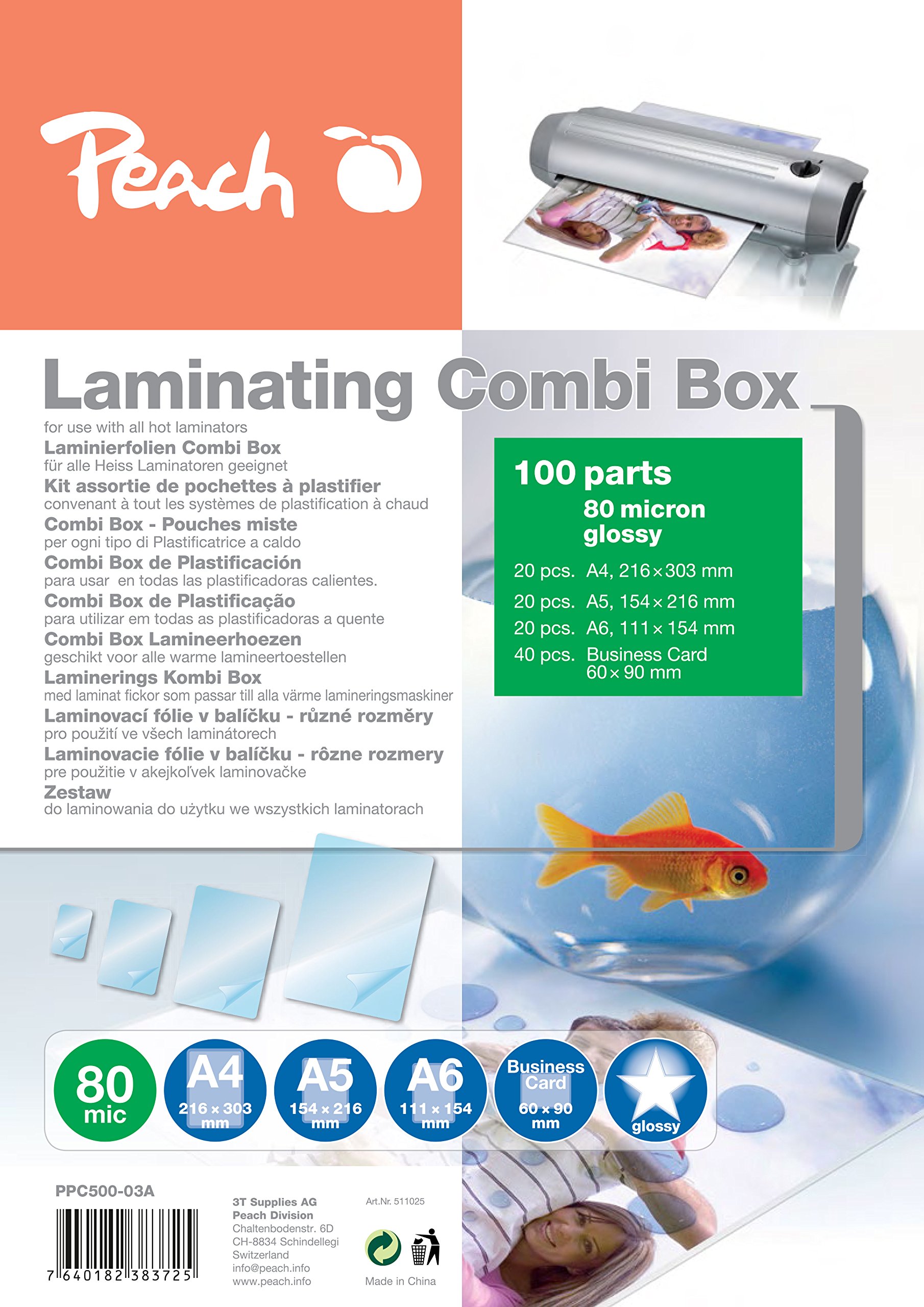 Peach PPC500-03A Laminating Pouches Economy Set 100 Films | A4, A5, A6 and Business Card | 2 x 80 mic | Glossy Finish | Compatible with Laminators of All Brands