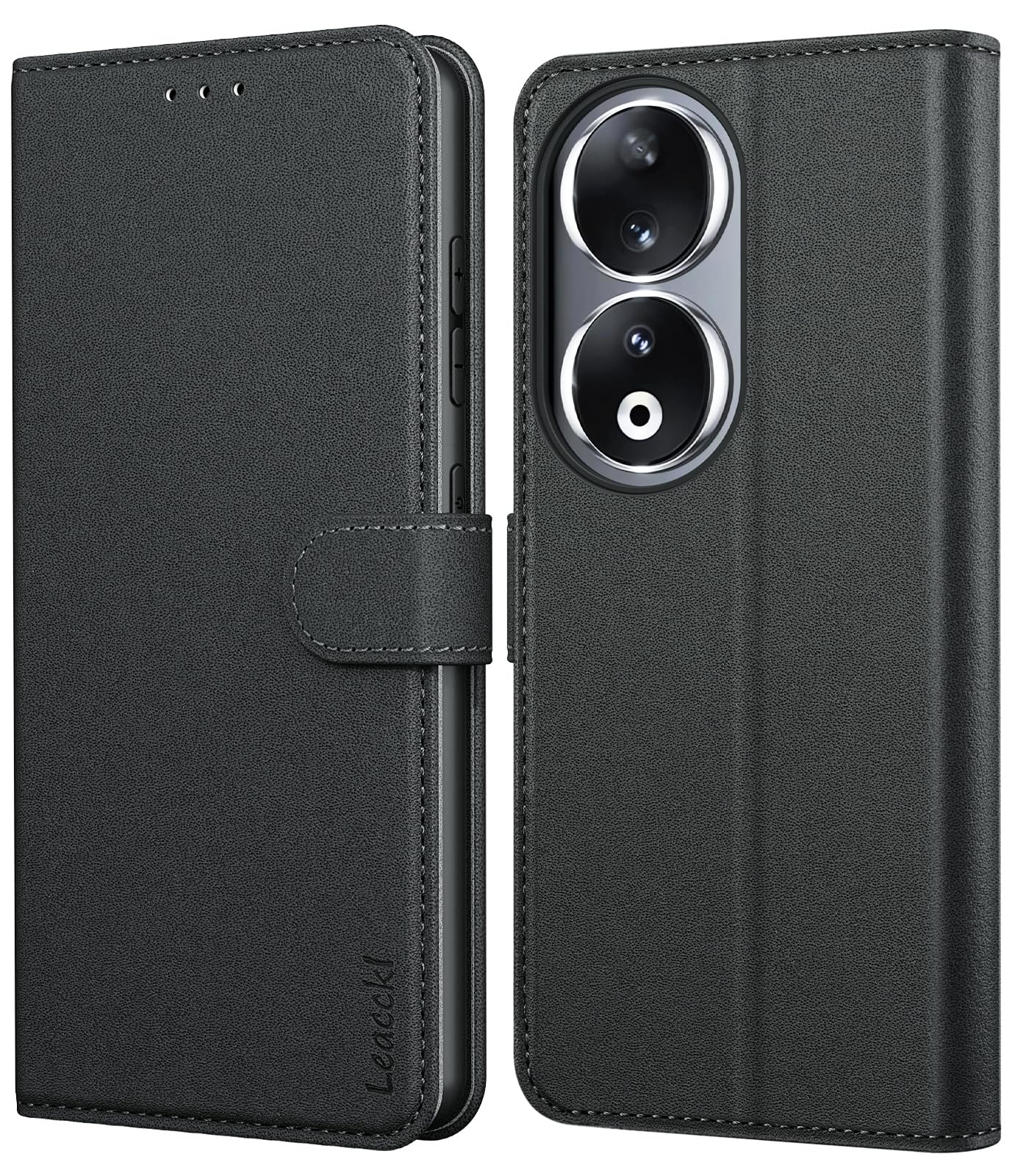 Leacckl for Honor 90 Case, Leather Wallet Case, Flip Case with Card Holder and Magnetic Buckle, Black