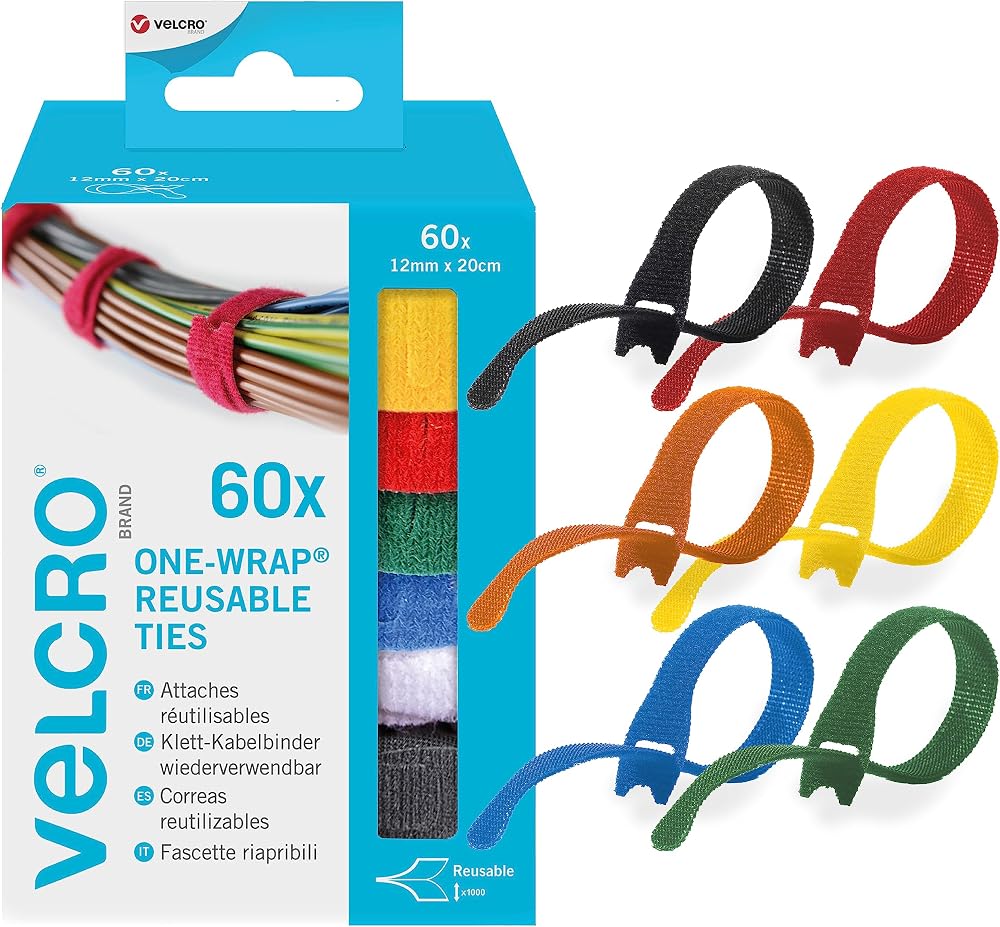 VELCRO Brand ONE-WRAP Straps Reusable Assortment Cable Ties Multi-Colour 60 Pack
