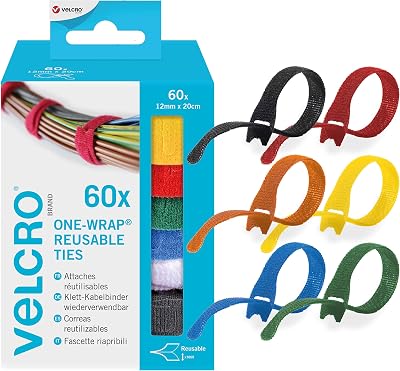 VELCRO Brand ONE-WRAP Straps Reusable Assortment Cable Ties Multi-Colour 60 Pack