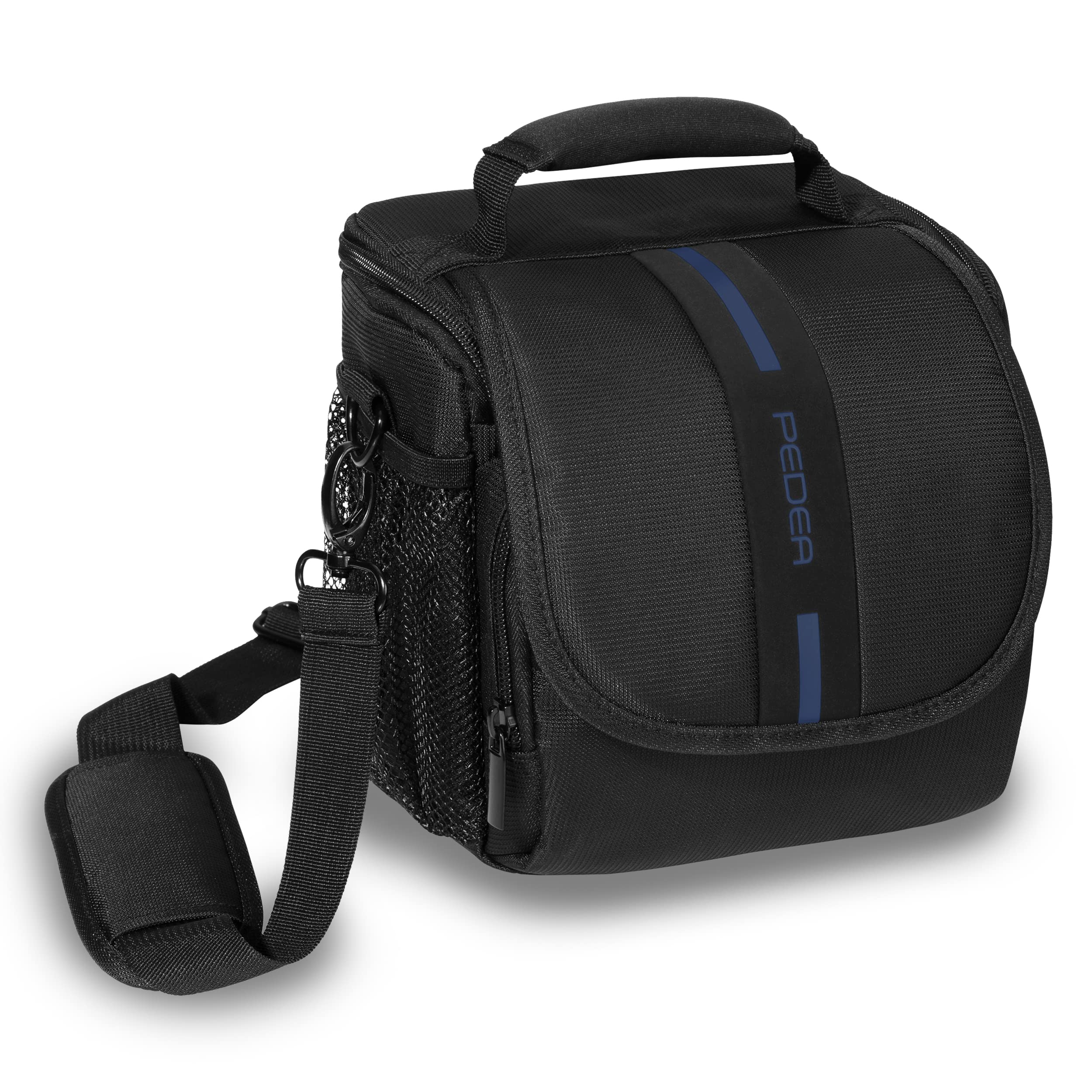 PEDEA DSLR camera bag "Essex" Camera bag for SLR cameras with waterproof rain cover, carrying strap and accessory compartments, Size M, black/blue