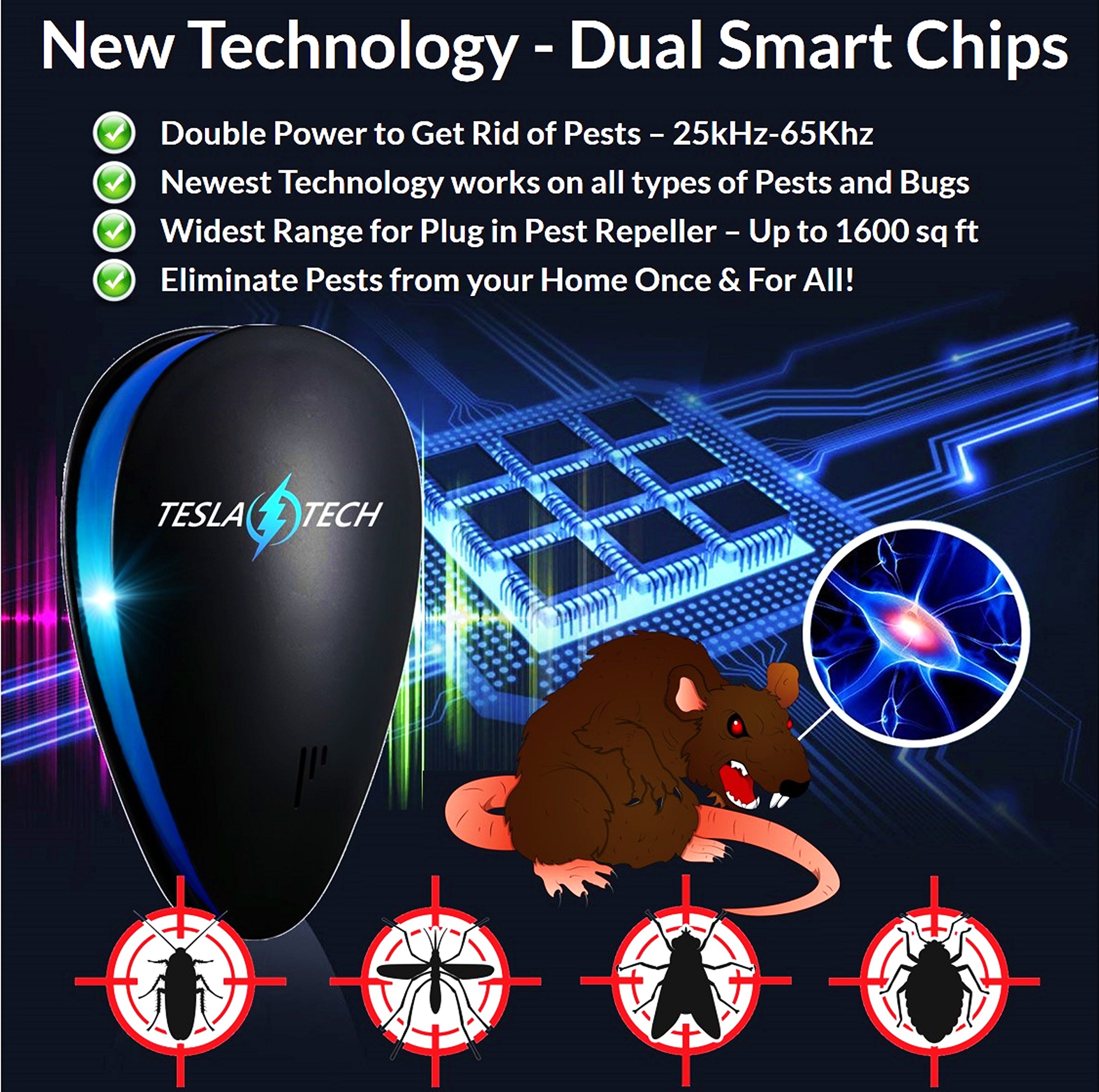 ULTRASONIC PEST REPELLENT 6-PACK & 4 MOSQUITO BRACELETS [2018 NEW MODEL] Electronic Plug In Repeller to Control Rats, Mice, Mosquitos,Insects, Spiders, Fleas, Roaches, Eco-Friendly - Baby & Pet Safe!