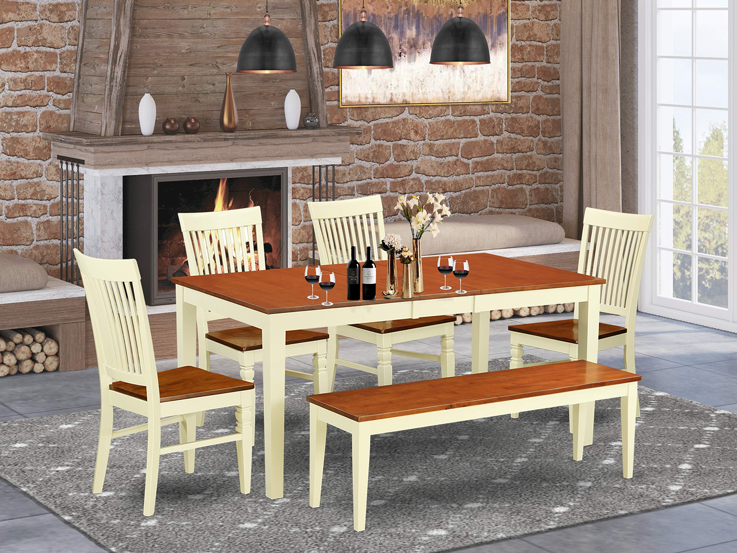 East West Furniture NIWE6-BMK-W 6 Piece Kitchen Table Set Contains a Rectangle Dining Table with Butterfly Leaf and 4 Dining Chairs with a Bench, 36x66 Inch, Buttermilk & Cherry