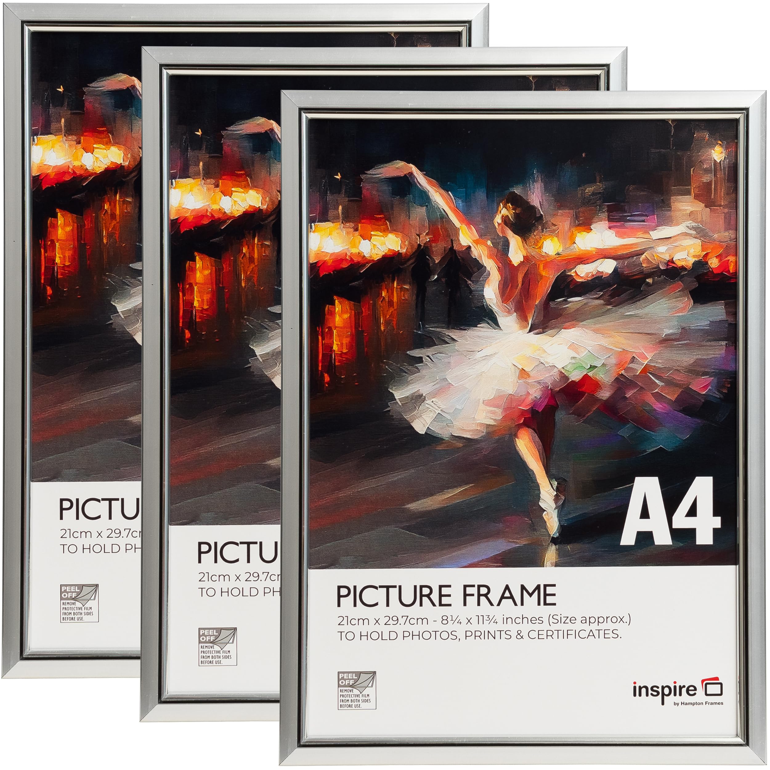 inspire by Hampton Frames | Picture Poster Frame 3-Pack | A4 (21x30cm), Silver, Plastic, Foil Wrapped | Acrylic Non-Glass Front, Drop-In Back, Wall Mount or Freestanding | For Photos, Certificates