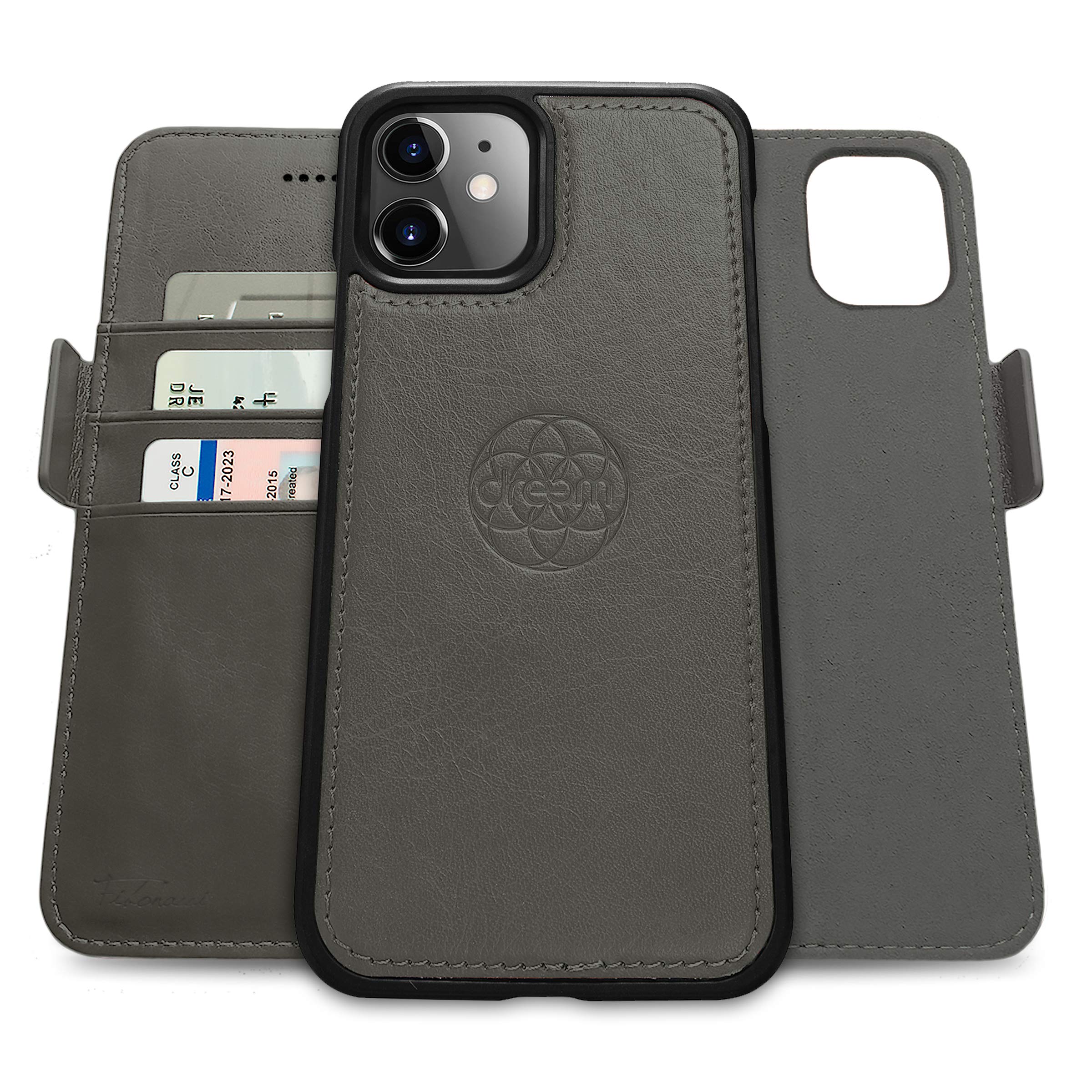 dreem Fibonacci 2-in-1 Wallet Case for Apple iPhone 12 Mini - Luxury Vegan Leather, Magnetic Detachable Shockproof Phone Case, RFID Card Protection, 2-Way Flip Stand - Grey — image 1