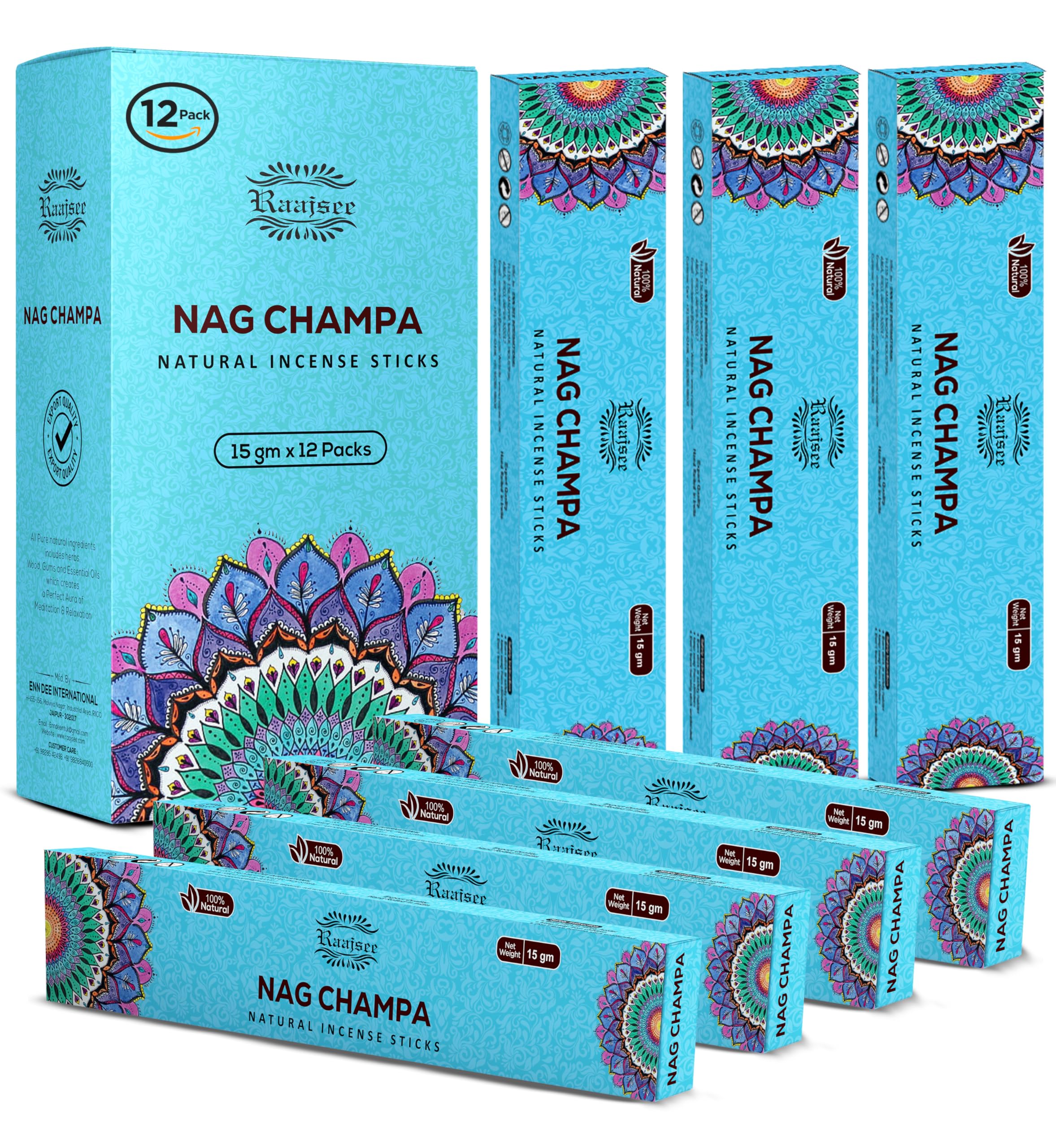 raajsee 15 GMS x 12 Pack Nagchampa Incense Sticks,100% Pure Organic Natural Hand Rolled Free from Chemicals - Perfect for Aromatherapy, Cleansing,Meditation and Church