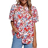 MASCOMODA Womens Tops Summer Boho Floral Short Sleeve Button Down Shirts Crewneck Loose Vacation Dressy Casual Work Blouses