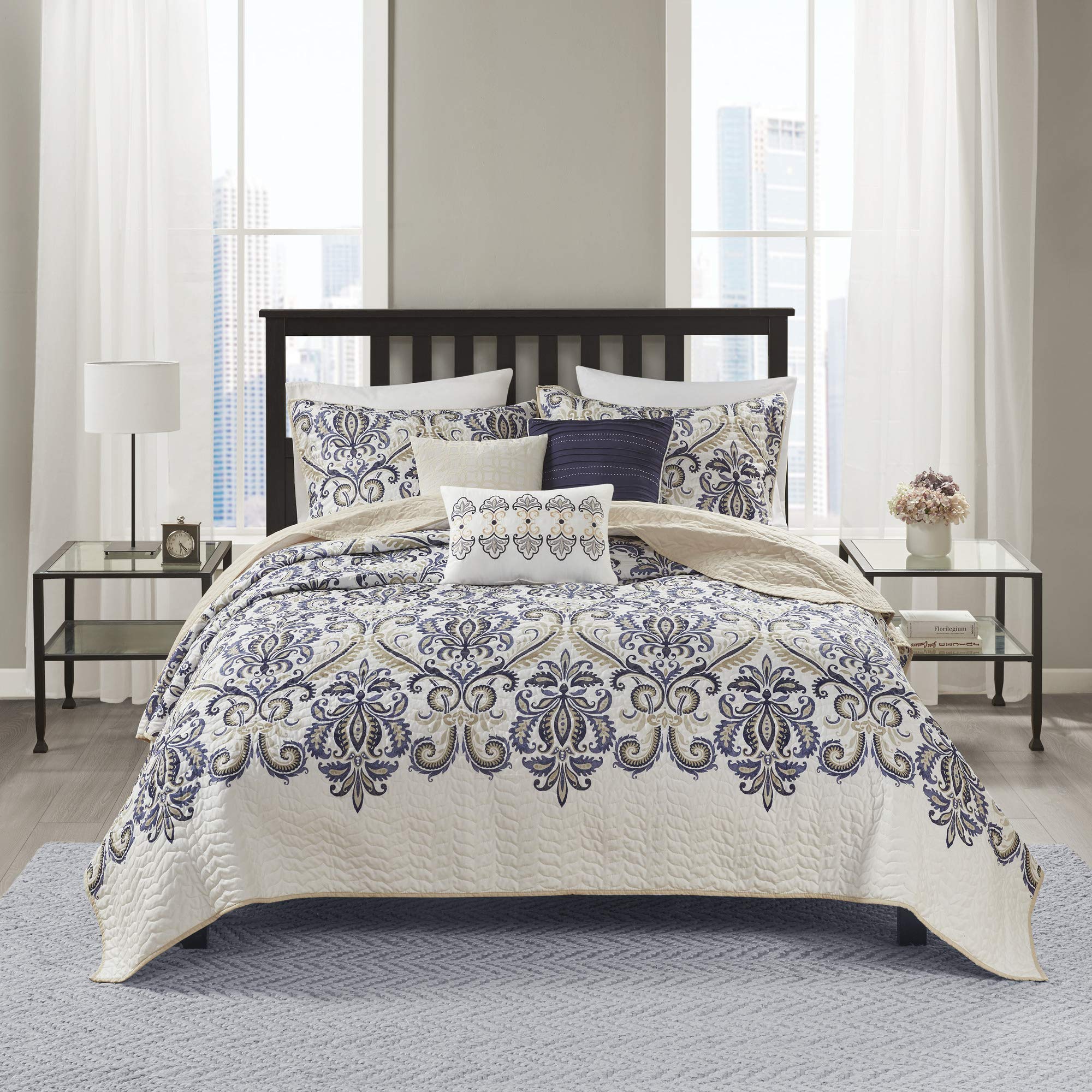Madison Park Quilt Traditional Damask Design All Season, Lightweight Coverlet Bedspread Bedding Set, Matching Shams, Pillows, Full/Queen(90"x90"), Navy/White 6 Piece Image