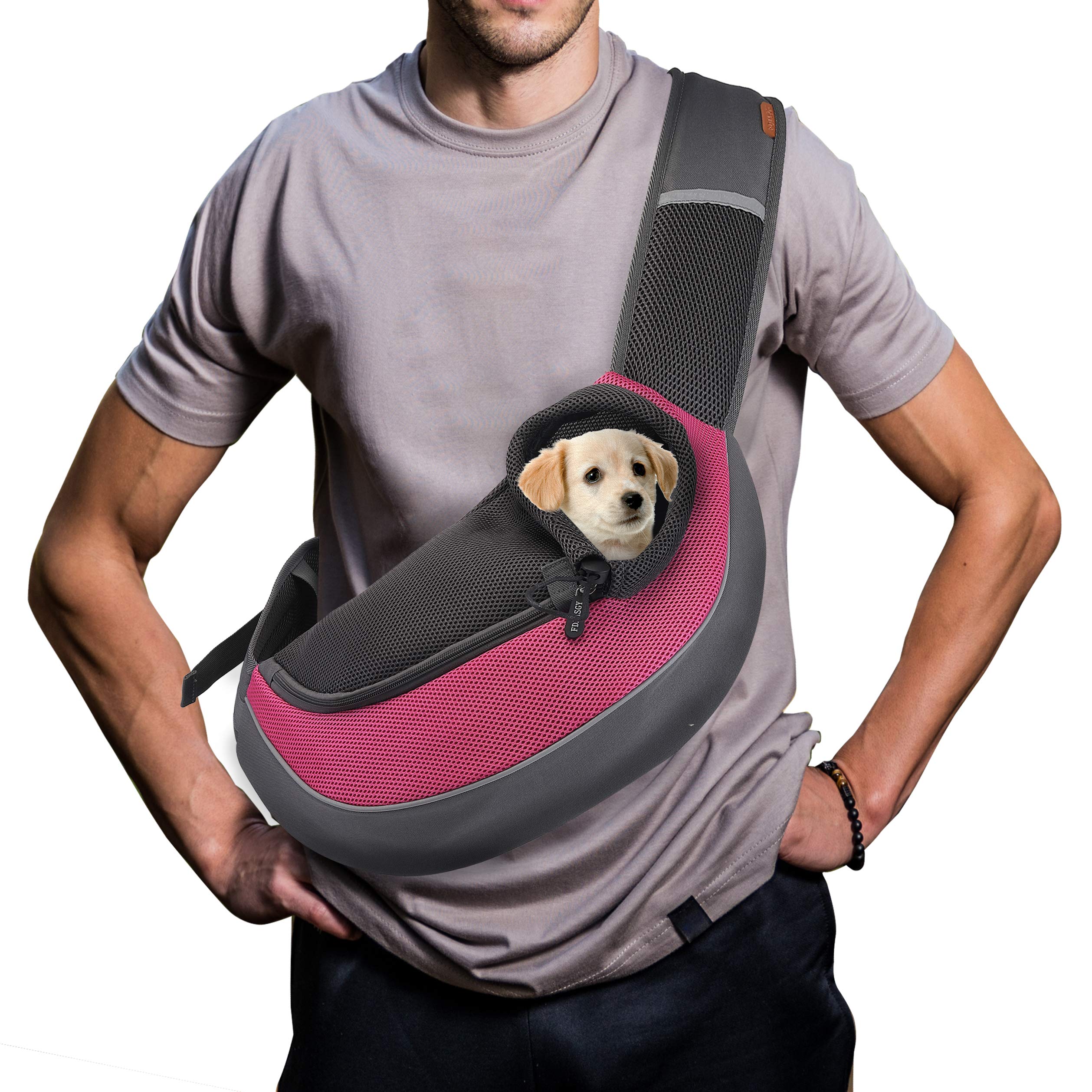 FDJASGY Pet Sling Carrier for Small Dogs Cats,Breathable Mesh Travelling Hand Free Puppy Backpack with Pouch and Adjustable Strap Carrier (M, Fuchsia)