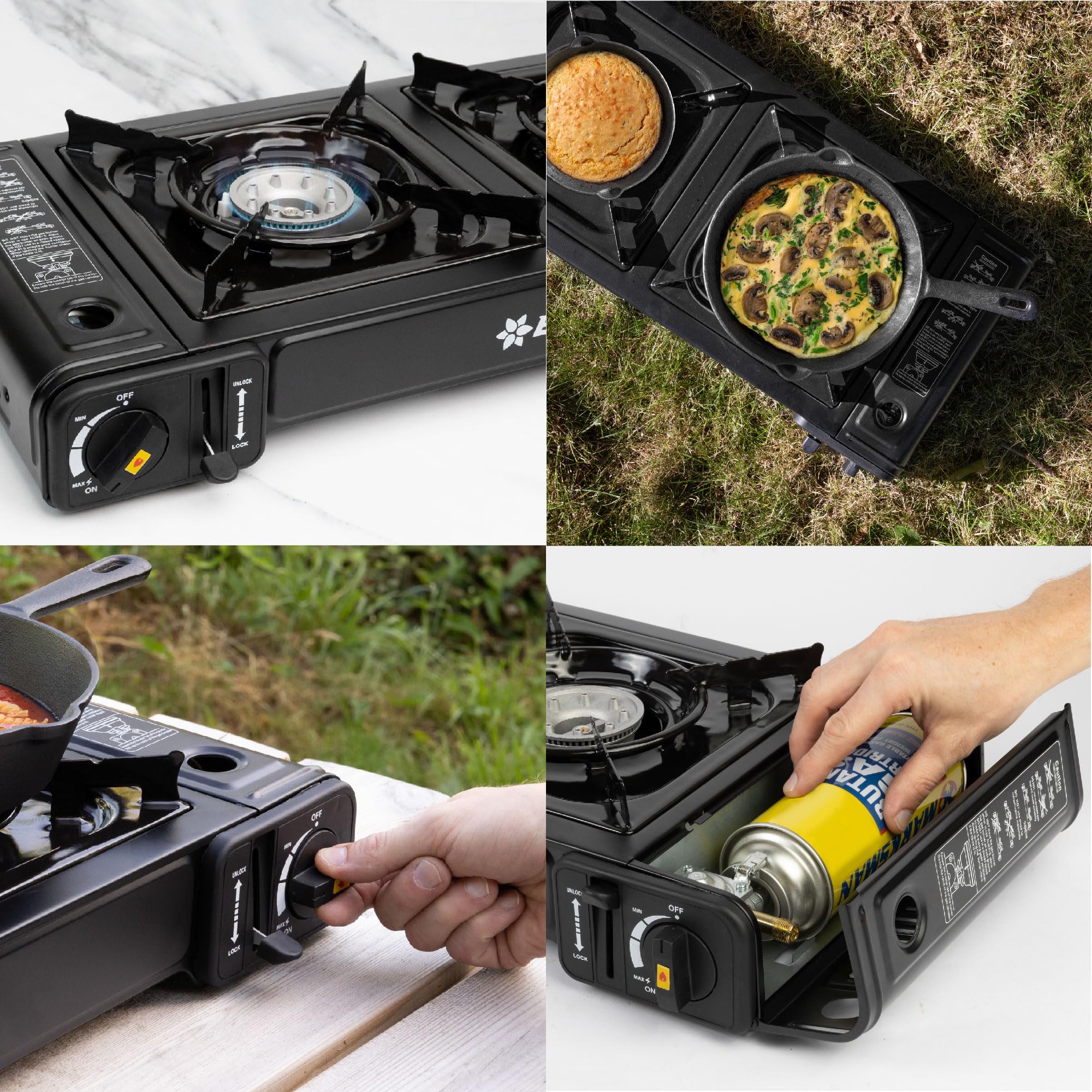 BLOSTM Gaskocher Camping Tragbarer - Camping Kocher 2 Flammig mit Automatischem Zündsystem & Wärmeregulierung - Verwendung mit Butangas oder LPG - Campingkocher für Grill, Wohnwagen 6
