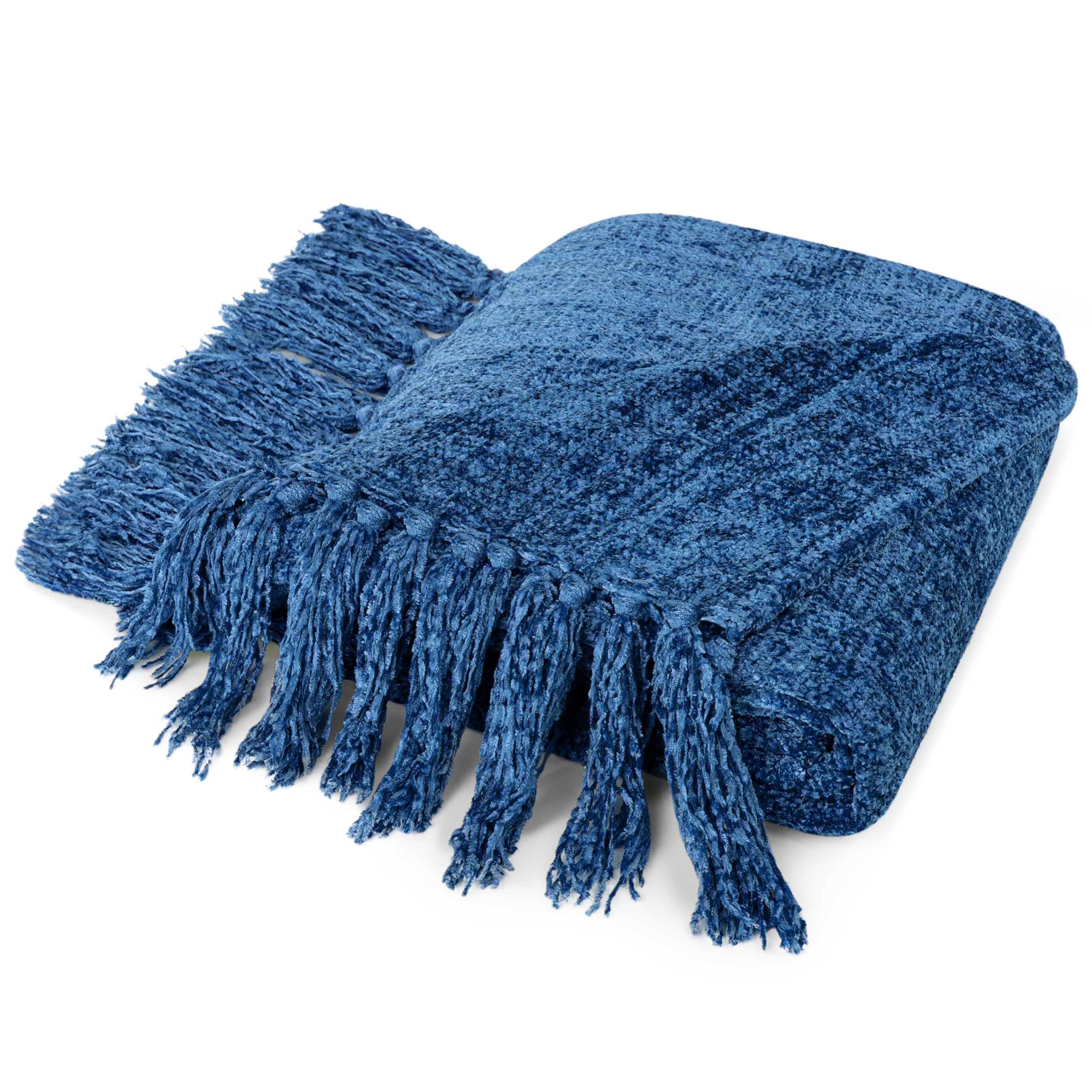 Photo 1 of (used item) Pavilia Blue Throw Blanket, Twin Size, Chenille, Knit Woven with Tassel, Decorative Textured, 60x80