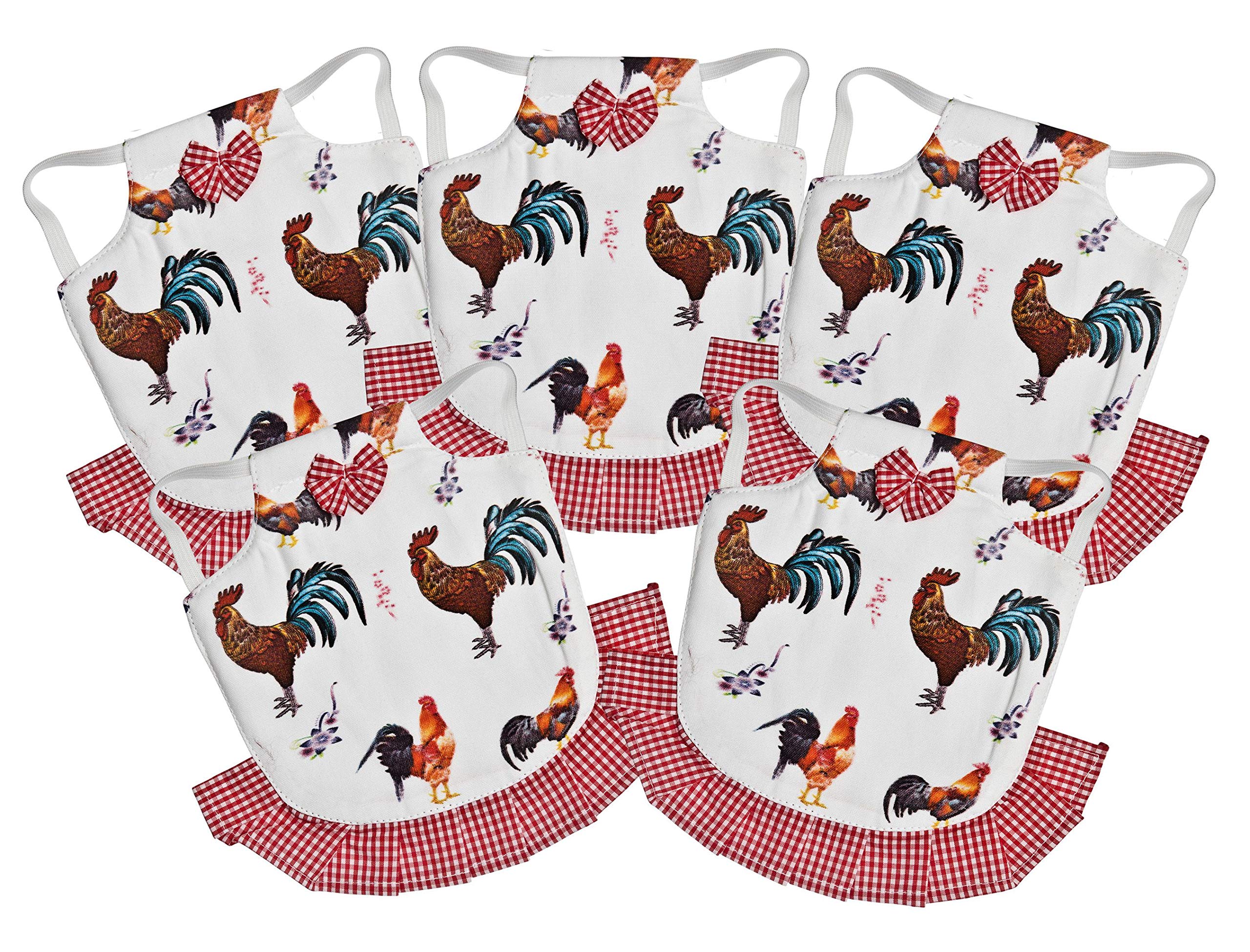 Seidens Chicken Saddle Set: 5 Cute Durable Cotton, Easy Elastic-Strap-On Aprons for Medium Sized Poultry in Hen-Themed Patterns with Bows and Frills,Red, Red, Medium