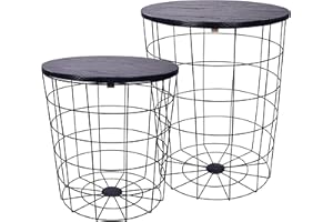 ELevon Nesting Coffee Table Set of 2, Small Side Table with Wire Basket Base and Wood Tops for Living Room, Black