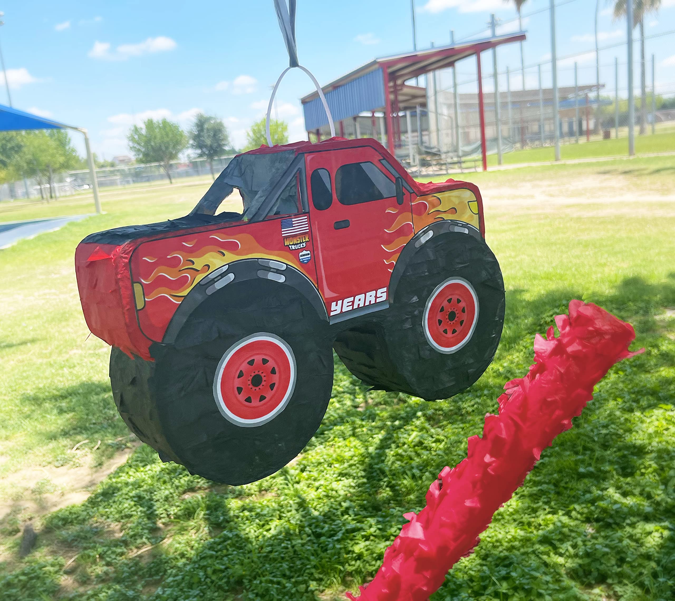 Monster Truck Piñata, 4 Piece Set, perfect for Kids Birthday Parties, Race Car Party Supplies fits piñata candy and party favors (16”X10”) durable! (Red Monster Truck)