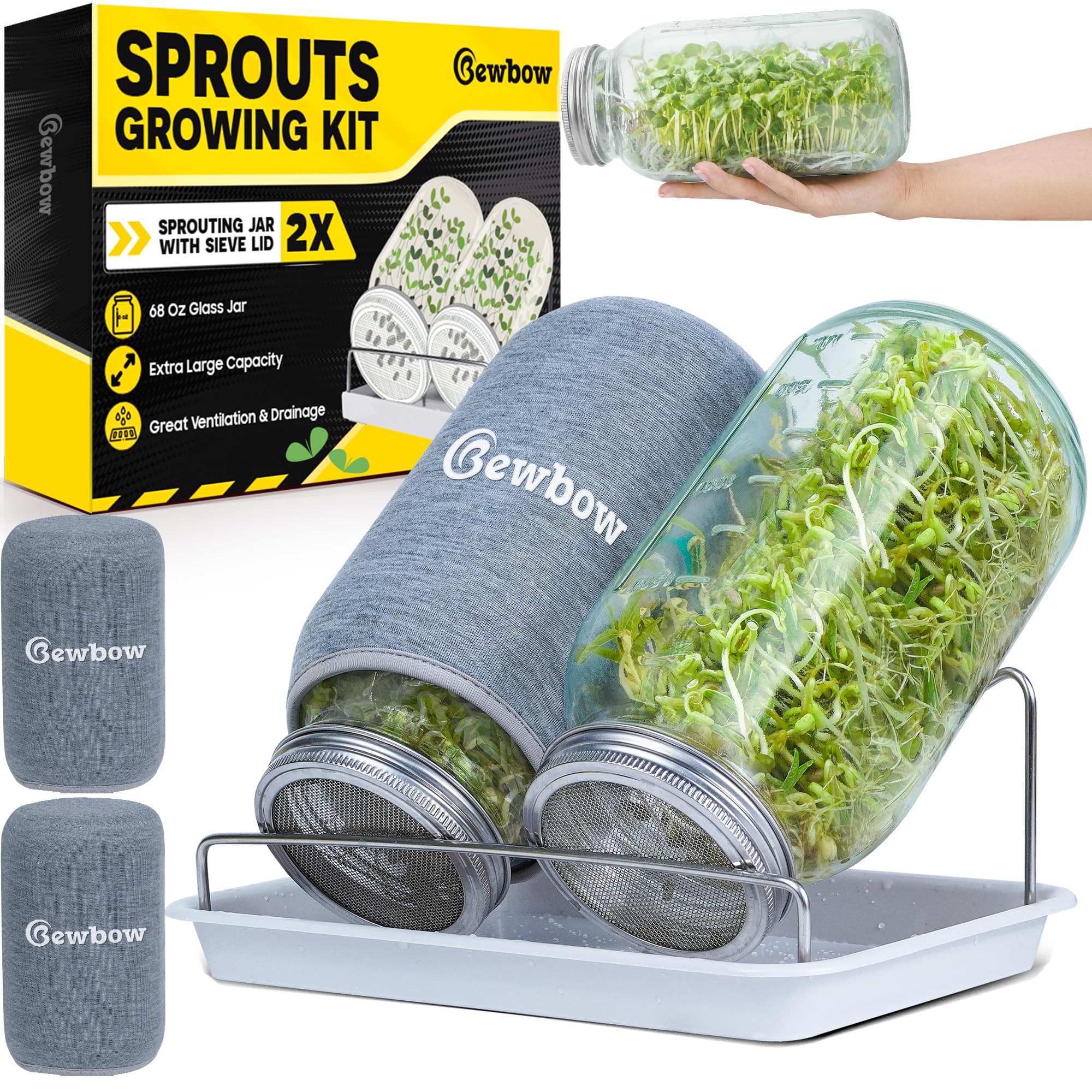 Photo 1 of [LARGE SIZE] 2000ml(68oz) Seed Sprouting Mason Jar Kit with Stand,Drain Tray, Screen Lids,Blackout Sleeves,Good Ventilation & Drainage Capacity,Growing Fresh Organic Mung Beans,Broccoli & Microgreens