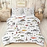 Homewish Fishing Full Comforter Set with Sheets for Boys Girls Bedroom Decor,Fishing Rod and Hook Print Bed in a Bag Soft Reversible Fish Pattern 7 Pieces Bedding Set Cozy Luxury Bass Fish Bed Set