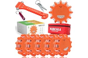 Marcala LED Road Flares Emergency Lights 6‑Pack | Roadside Safety Disc & LED Safety Flare | Roadside Hazard Emergency Kit w/Boat Flare Kit | Batteries, Case & Whistle Included | Feel Safe on Road