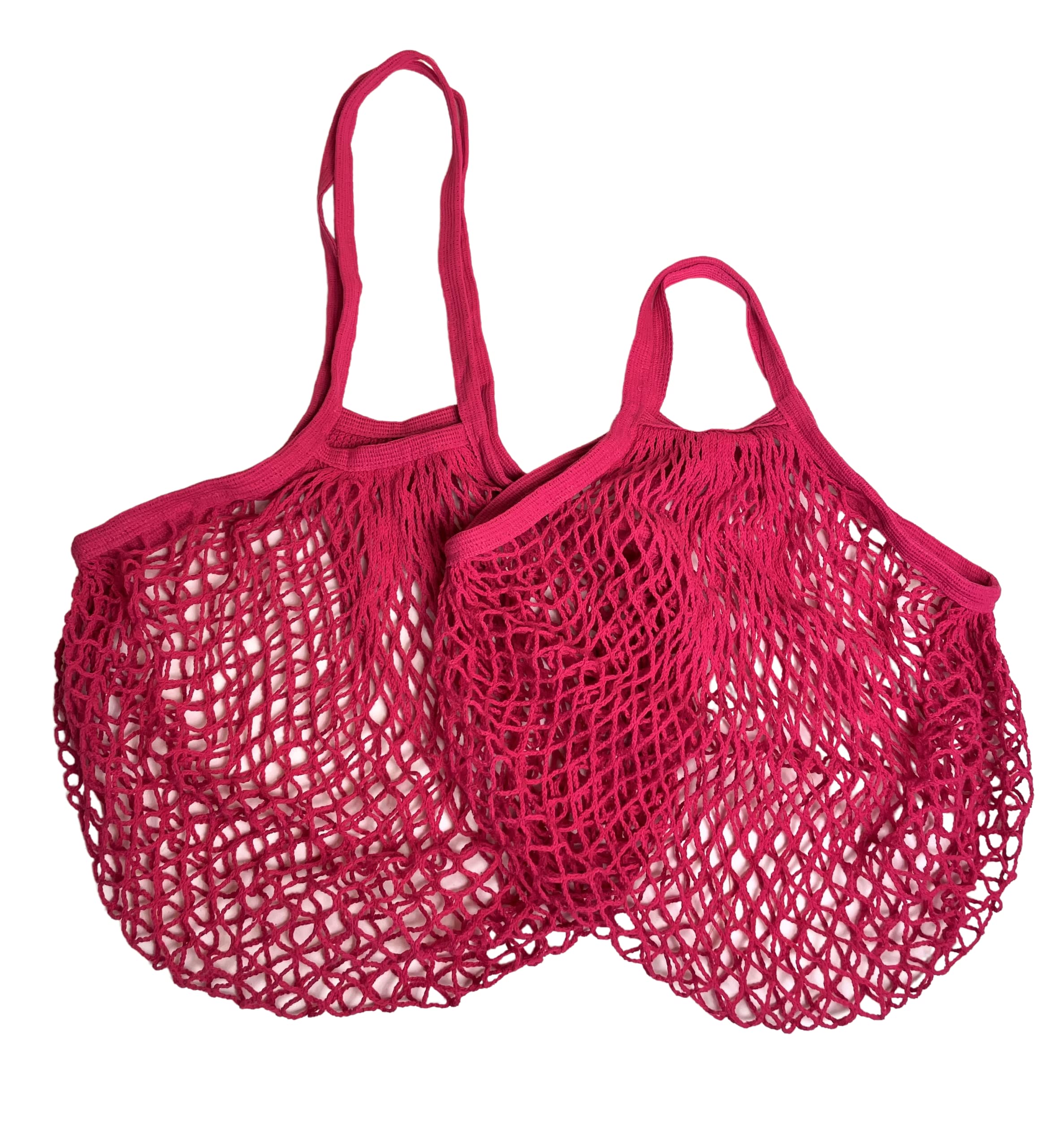 Modo Reusable (2 Pack) String Cotton Net Shopping Bags 1 Short & 1 Long Handle Bag Multipurpose Toys Storage (Bright Pink)