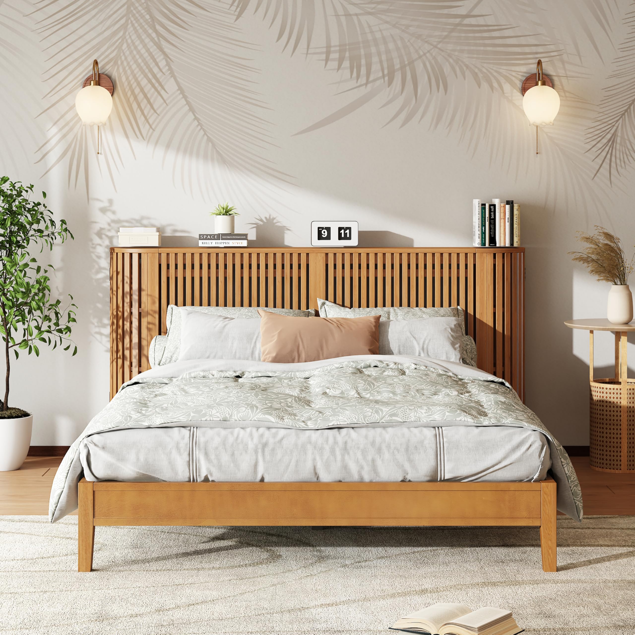 Photo 1 of ***LIKELY MISSING HARDWARE*** Merax Solid Wood Queen Bed Frame Slat Headboard Design with Concealed Side 3 Layers Storage Shelves, Casual Farmhouse Style Platform Bed, No Box Spring Needed