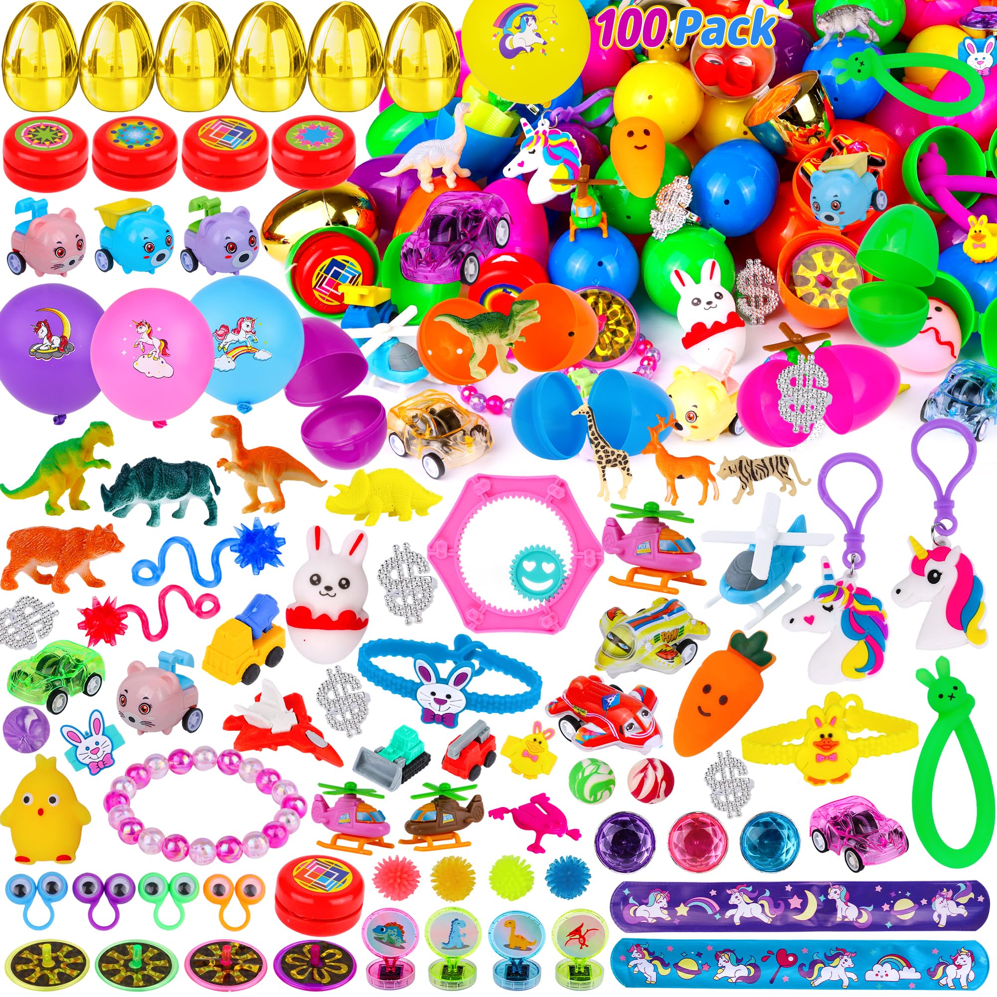 Photo 1 of 100 Pack Prefilled Easter Eggs with Assorted Toys Inside 6 Surprise Golden Eggs, 100 Plastic Easter Eggs Fillers with Fidget Toys Easter Basket Stuffers Fillers Egg Hunt Party Favors for Kids Boy Girl