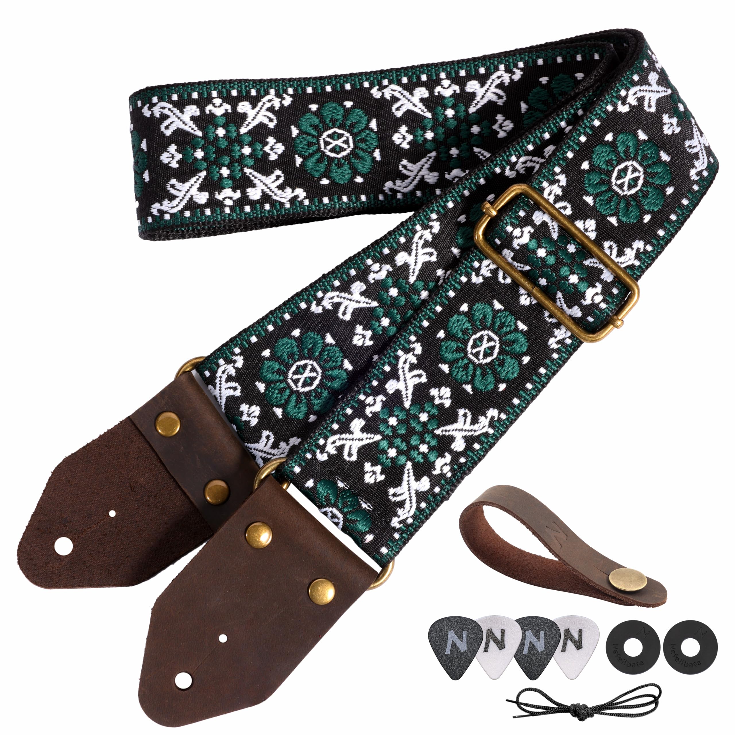 Nefelibata Guitar Strap,Jacquard Embroidery Cotton Guitar Straps with Crazy Horse Leather Ends for Bass, Electric & Acoustic, Best Gifts for Guitarists(Dark Green Flower Embroidery)