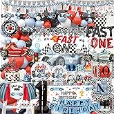 Fast One Birthday Decorations For Boys 1st Race Car Theme Party Decor Supplies for Baby Party Supplies include Photo Banner Highchair Banner Crown Balloon Boxes Backdrop Tableware Set