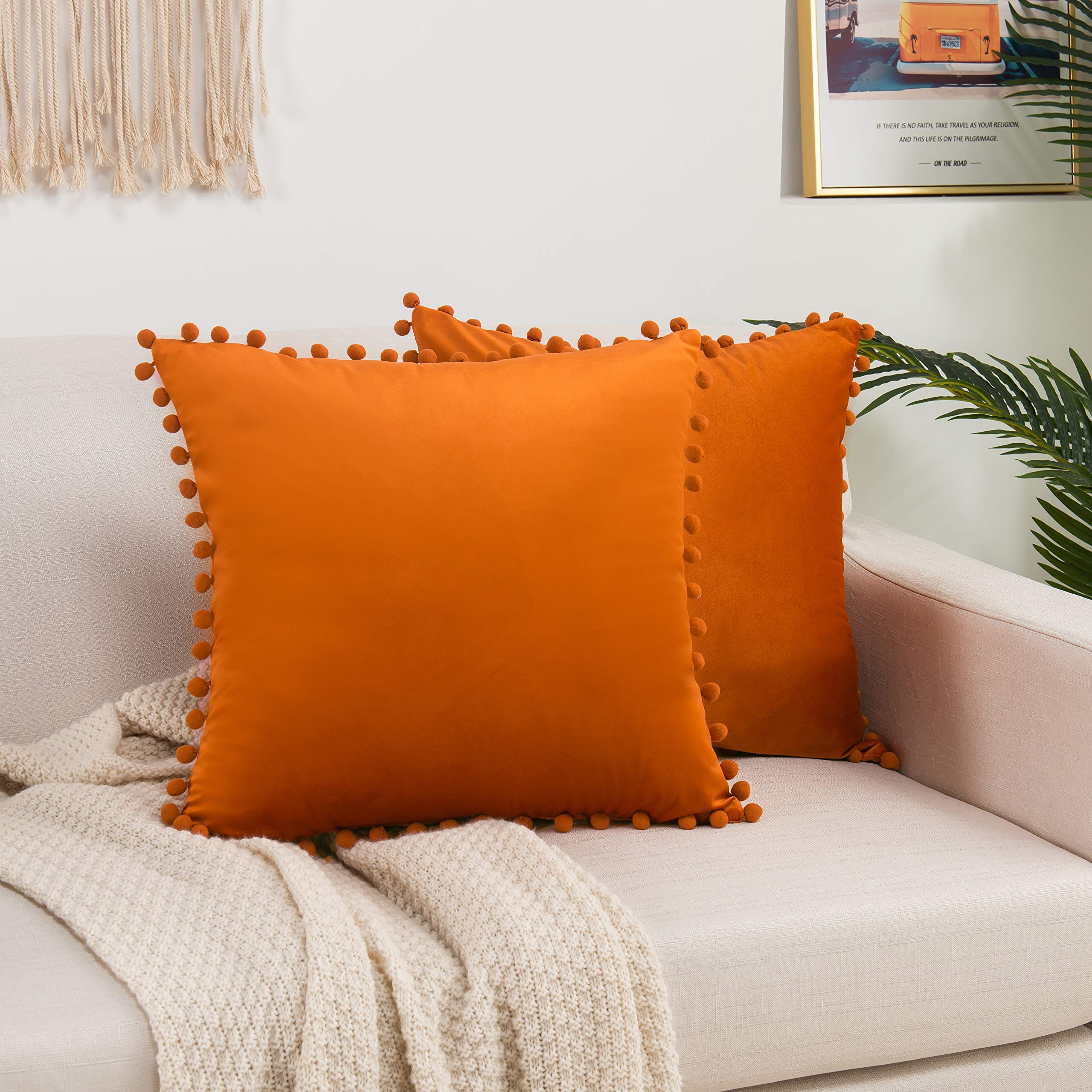 Elegant Comfort POMS Fringe Set of 2, Velvet Soft Solid Decorative Square Throw Pillow Covers Set Cushion Case for Couch Bed, Livingroom, 18 x 18, Orange