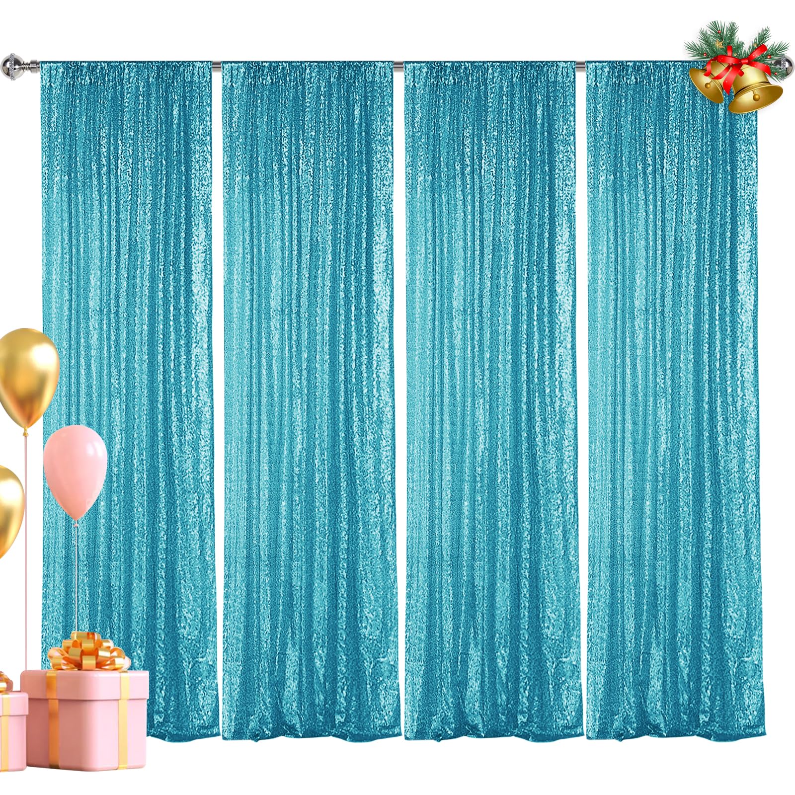 Hahuho Turquoise Sequin Backdrop Curtain, 4PCS