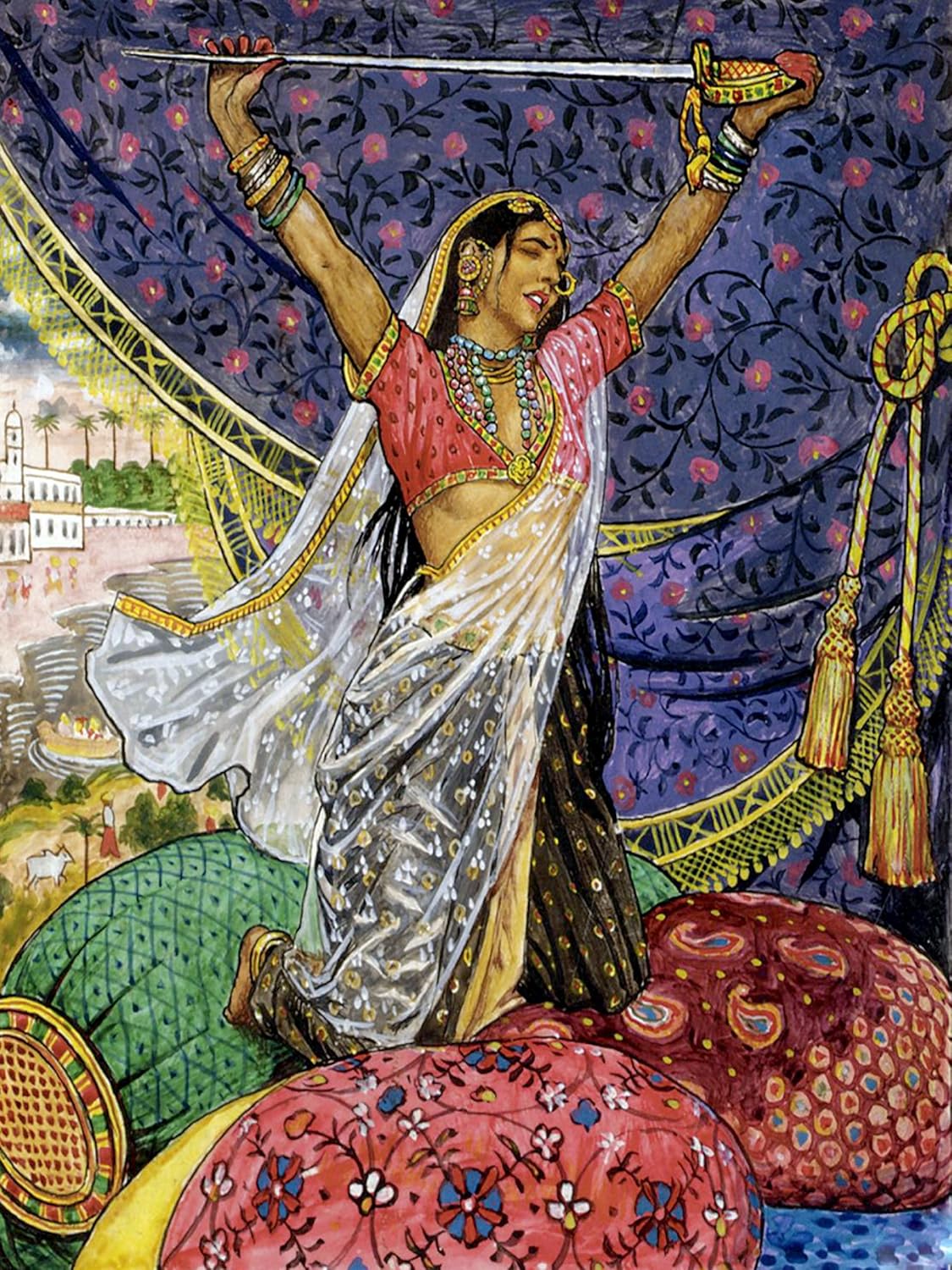 indian girl sword by B. Shaw Tile Mural Kitchen Wall Backsplash Marble Ceramic