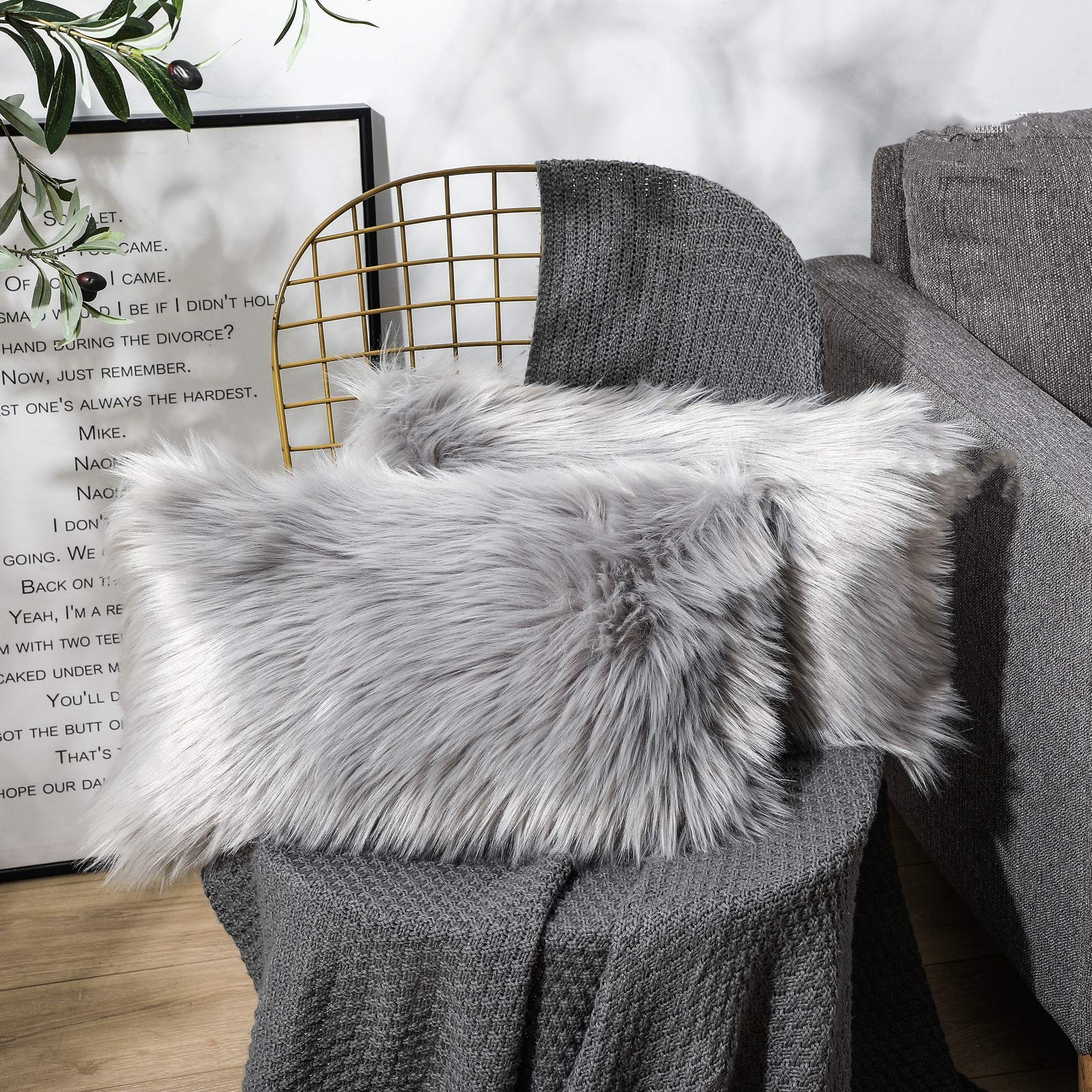 OYIMUA Grey 12'' x 20'' Fluffy Soft Faux Fur Cushion Covers Pack of 2, Luxurious Home Decorative Super Soft Plush Pillow covers Case 30 x 50 cm for Sofa Bed Car