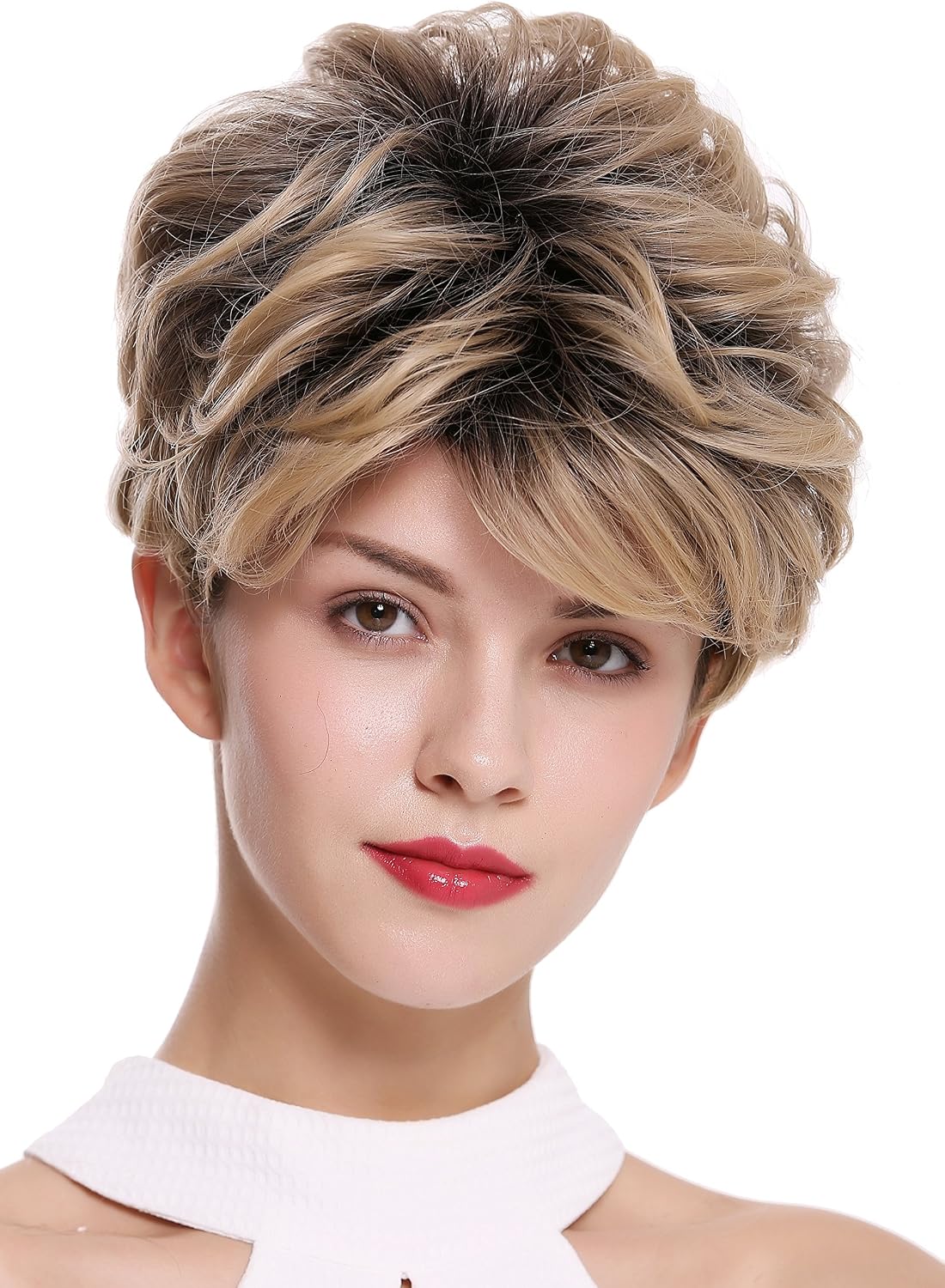WIG ME UP, DW-2700 Lady Quality Wig Short Voluminous teased wavy black roots with blond mix