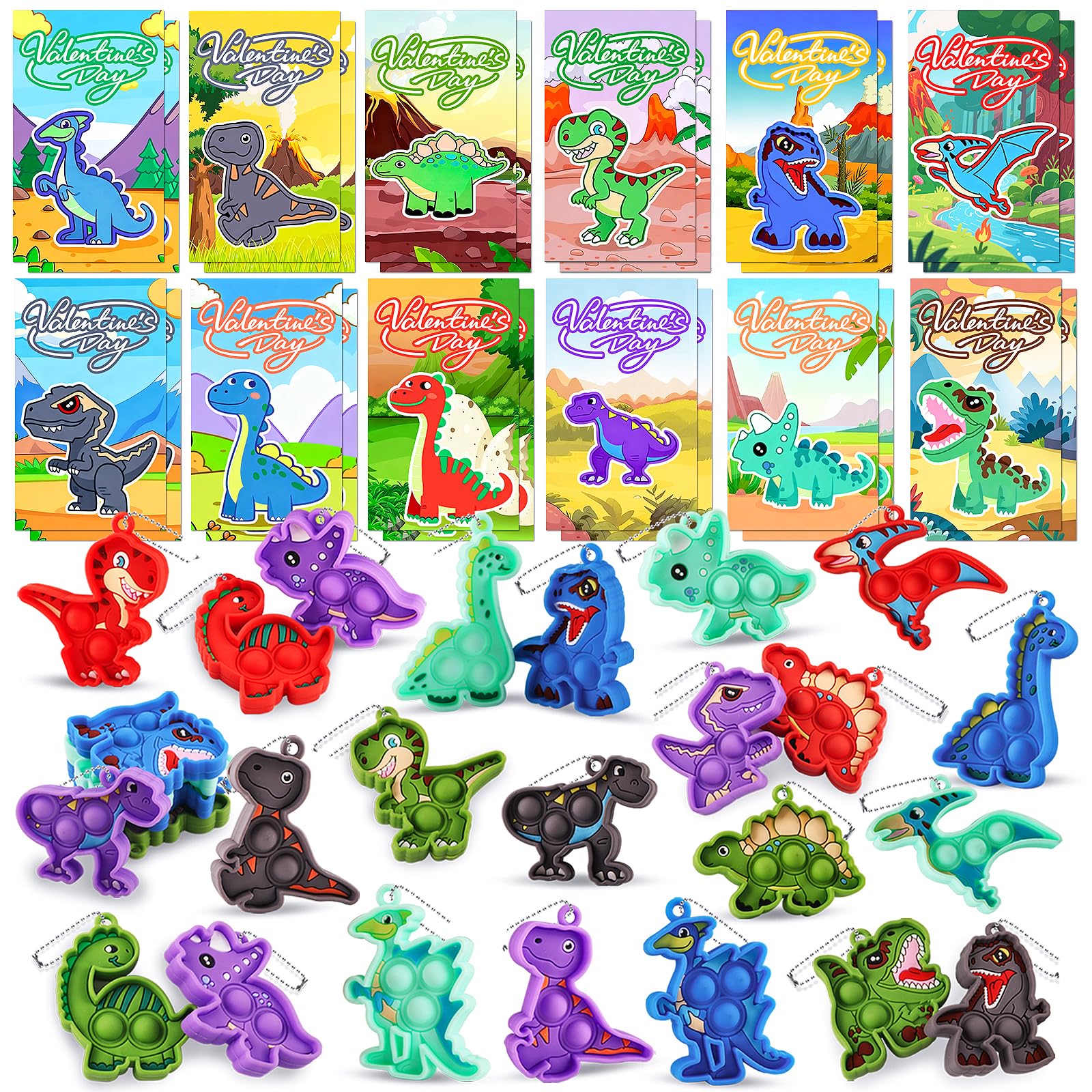 Valentines Gifts for Kids Classroom School, 24 PCS Valentines Cards for Kids with Dinosaur Pop Fidget Toys, Valentines Party Favors, Valentines for Class, Valentines Exchange Gifts for Boys Girls