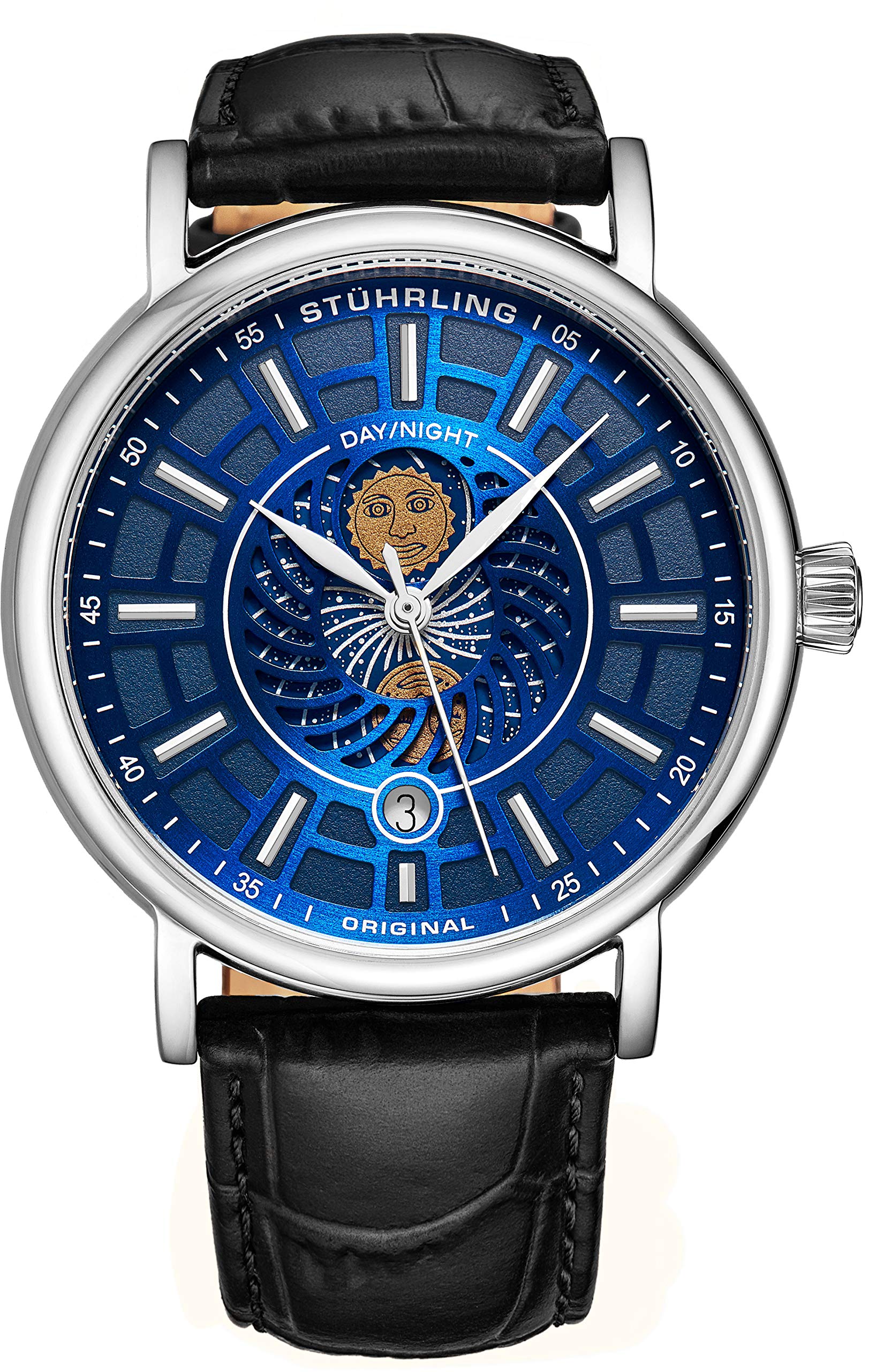 Stuhrling Original Mens Day/Night Dress Watch - Stainless Steel Case and Leather Band - Analog Dial with Date and Day/Night Complication Duet Mens Watches Collection (Blue)