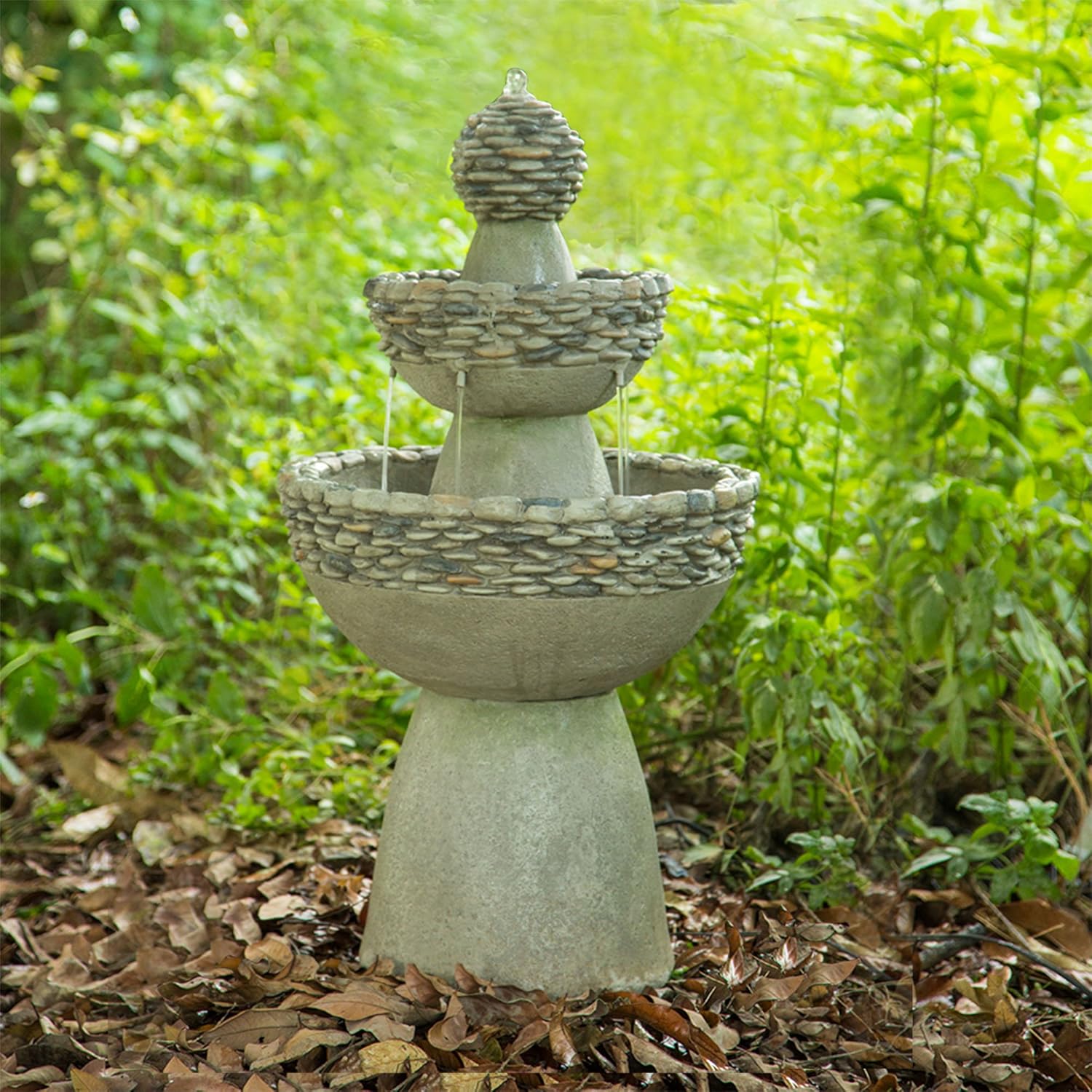 Peaktop FI0030AA Majestic Zen 3 Tiered Stone Like Floor Waterfall Water Fountain for Outdoor Patio Garden Backyard Decking with Pump, 37" Height, Gray : Garden & Outdoor