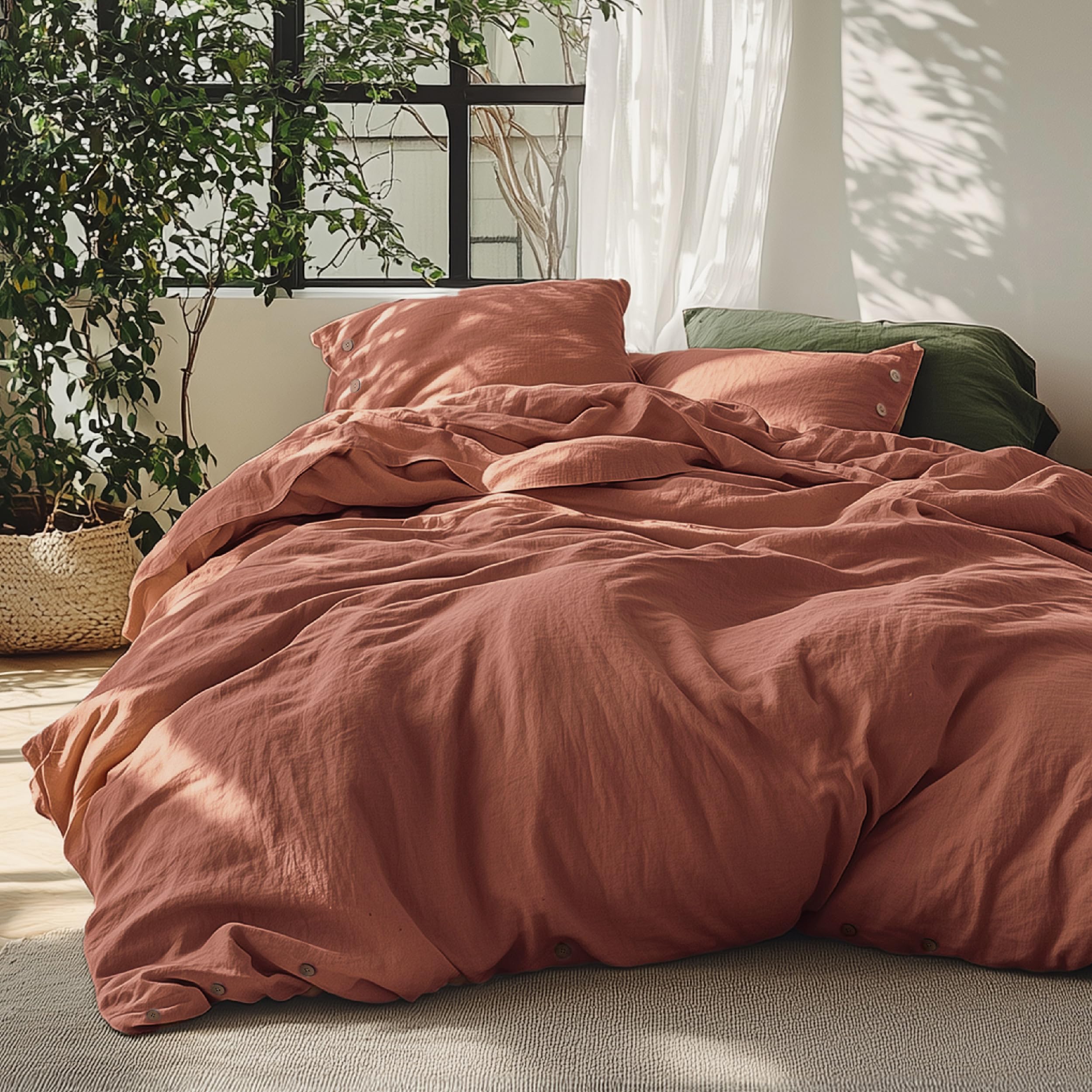 Photo 1 of Bedsure Linen Duvet Cover Queen - Linen Cotton Blend Bedding Set, Soft & Cozy, 3 Pieces, 1 Duvet Cover 90x90 Inches and 2 Pillowcases, Burnt Orange Color Cooling Bedding, Comforter Sold Separately