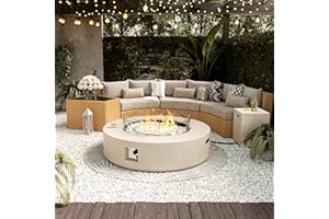 UPHA 42-inch Outdoor Propane Gas Fire Pit Table 50000 BTU Concrete Round Fire Pit for Outside Patio with Propane Tank Cover, Wind Guard, White Fire Glass, Rain Cover, Terrazzo Beige