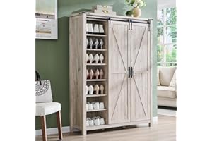OKD Storage Cabinet with Sliding Door, 7-Tier 62" Tall Farmhouse Entryway Shoe Cabinet, Freestanding Rustic Hidden Shoe Organizer for Entryway, Antique Brush White