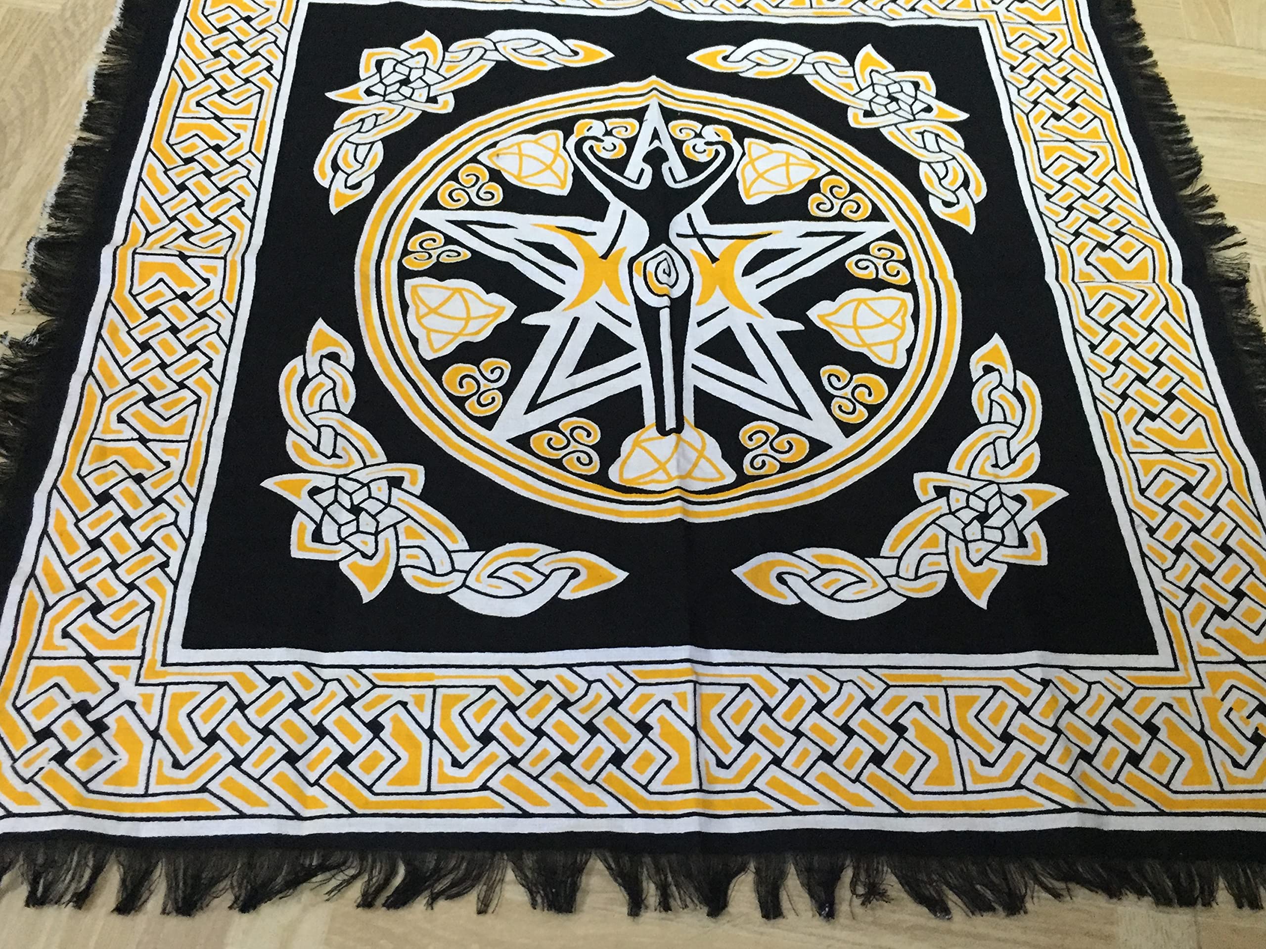 Indian Consigners Goddess Altar Cloth Yellow Triple Moon Pentagram Alter Spread 18”