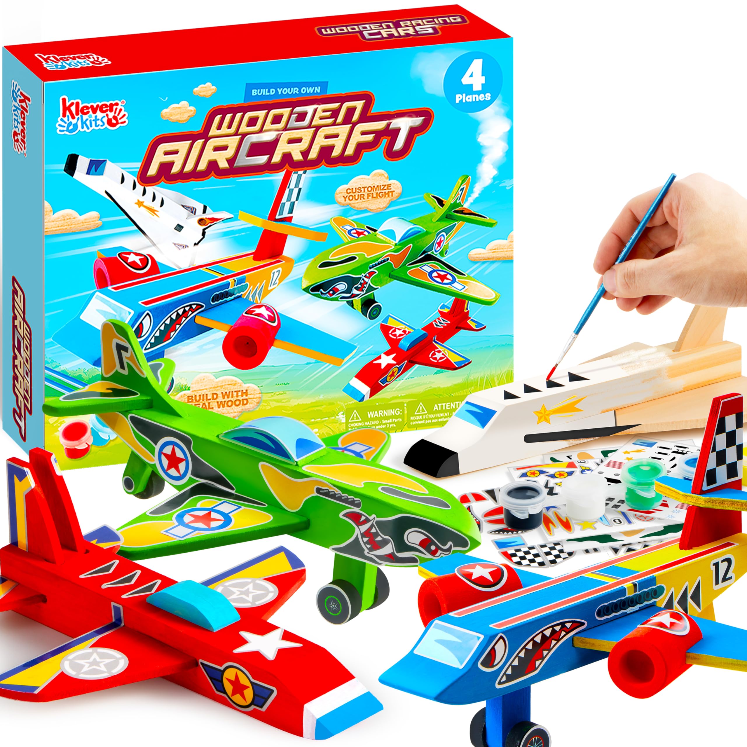 Klever Kits 4PC Airplane Painting Kit, Arts and Crafts for Kids Age 6-12,Paint Your Own Wooden Aircrafts, Airplane Activities for Kids,Birthday Creativity Presents for Boys Age 6 7 8 9 10 11 12