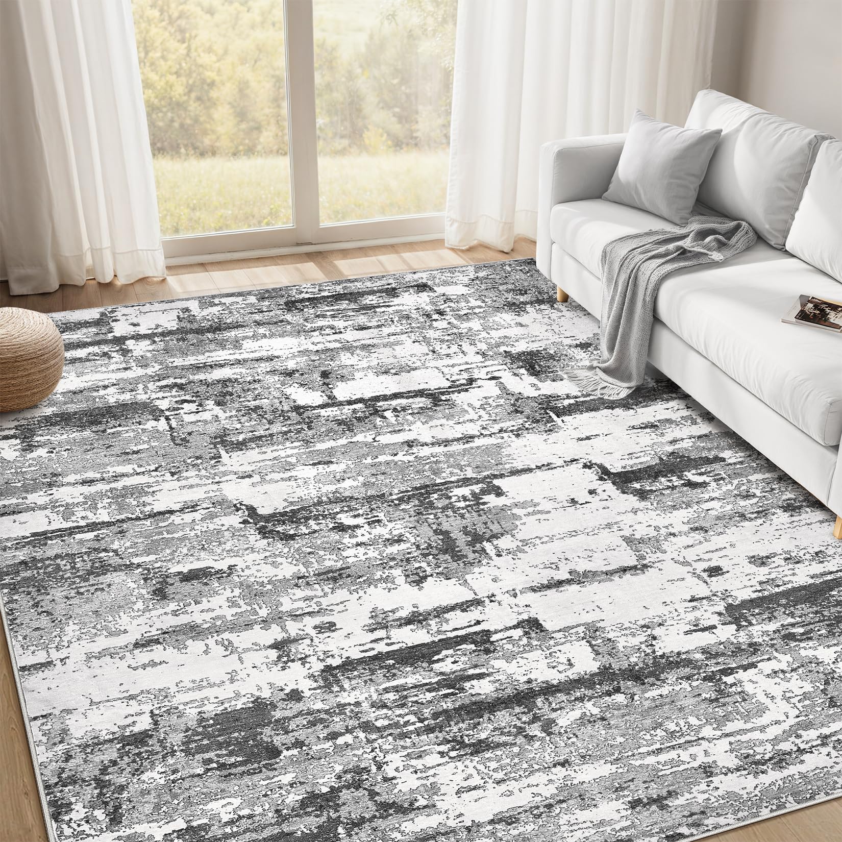 Photo 1 of Area Rugs for Living Room: 5x7 Abstract Washable Rug Modern Neutral Large Soft Stain Resistant Non-Slip Backing Machine Table for Bedroom Dining Room Indoor Home Office Carpet - Black Grey