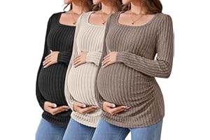 Ficerd 3 Pack Women's Maternity Tops, Long Sleeve Pregnancy Sweaters Scoop Neck Ribbed Knit Casual Pregnant Tee Shirts