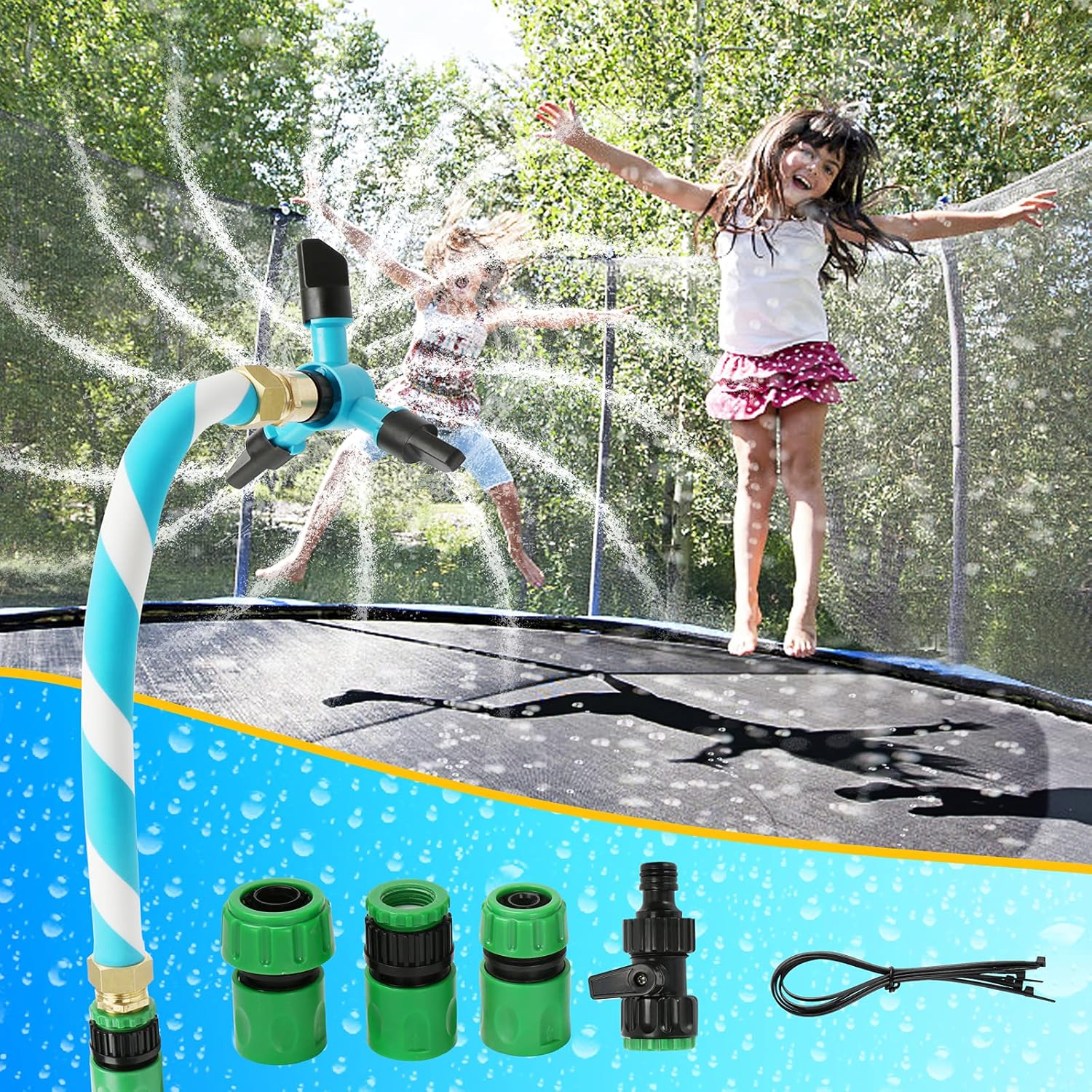 TKAIE Trampoline Water Sprinkler for Kids, Trampoline Sprinkler with 360° Automatic Rotation Spray Head, Outdoor Water Park Game Trampoline Accessories (Blue)
