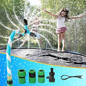 TKAIE Trampoline Water Sprinkler for Kids, Trampoline Sprinkler with 360° Automatic Rotation Spray Head, Outdoor Water Park Game Trampoline Accessories (Blue)