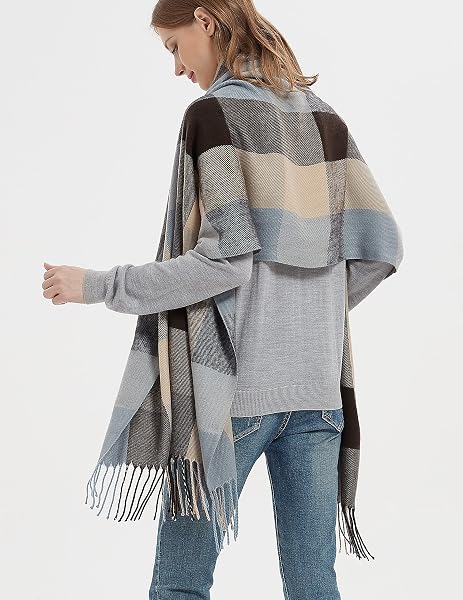 WANDER AGIO WOMENS FASHION LONG SHAWL BIG SCARVES GRID WINTER WARM LARGE PLAID SCARF BLUE BROWN 9