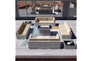 Vakollia 15 Pieces Patio Furniture Set with 44" Propane Gas Fire Pit Table, Outdoor Sectional Wicker Conversation Sofa Sets with Coffee Table